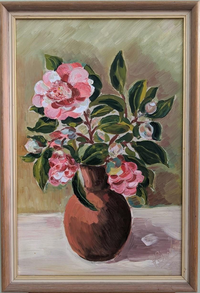 Unknown Still-Life Painting - Mid-Century Modern Vintage Floral Still Life Oil Painting - Rosa