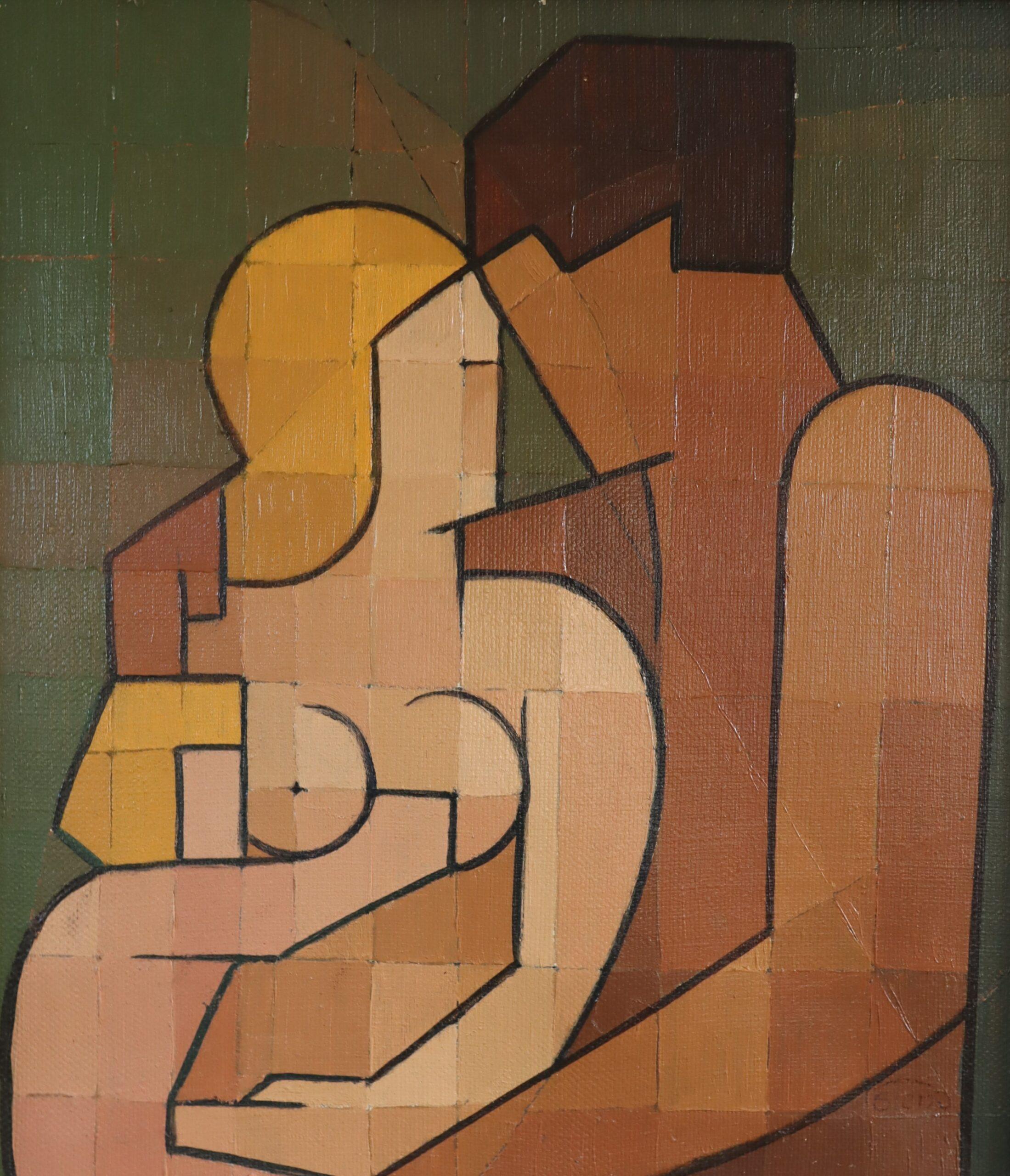 Mid Century Modern Vintage Geometrisch Abstrakt Figur Ölgemälde - Verflochten im Angebot 7