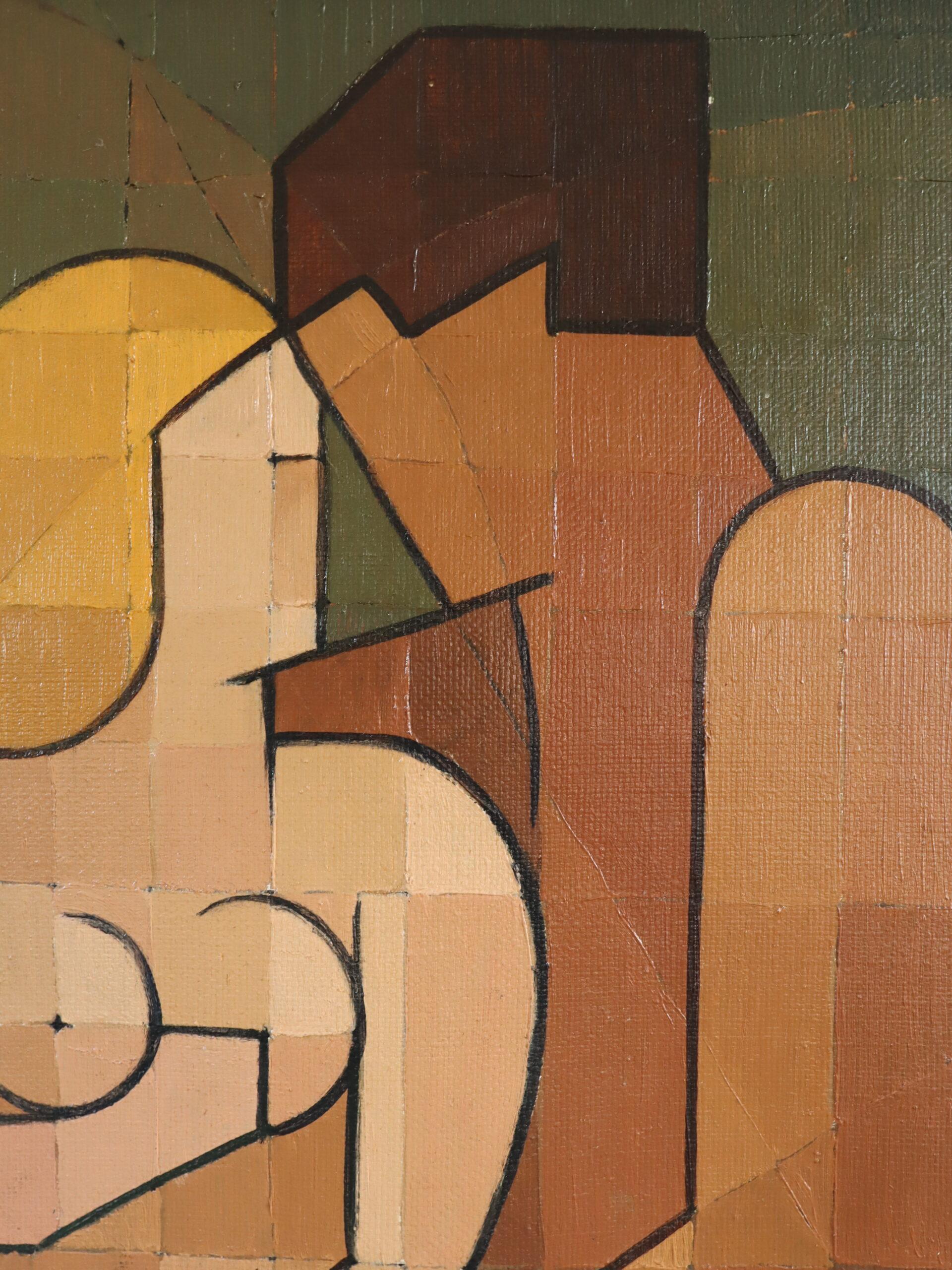 Mid Century Modern Vintage Geometrisch Abstrakt Figur Ölgemälde - Verflochten im Angebot 8