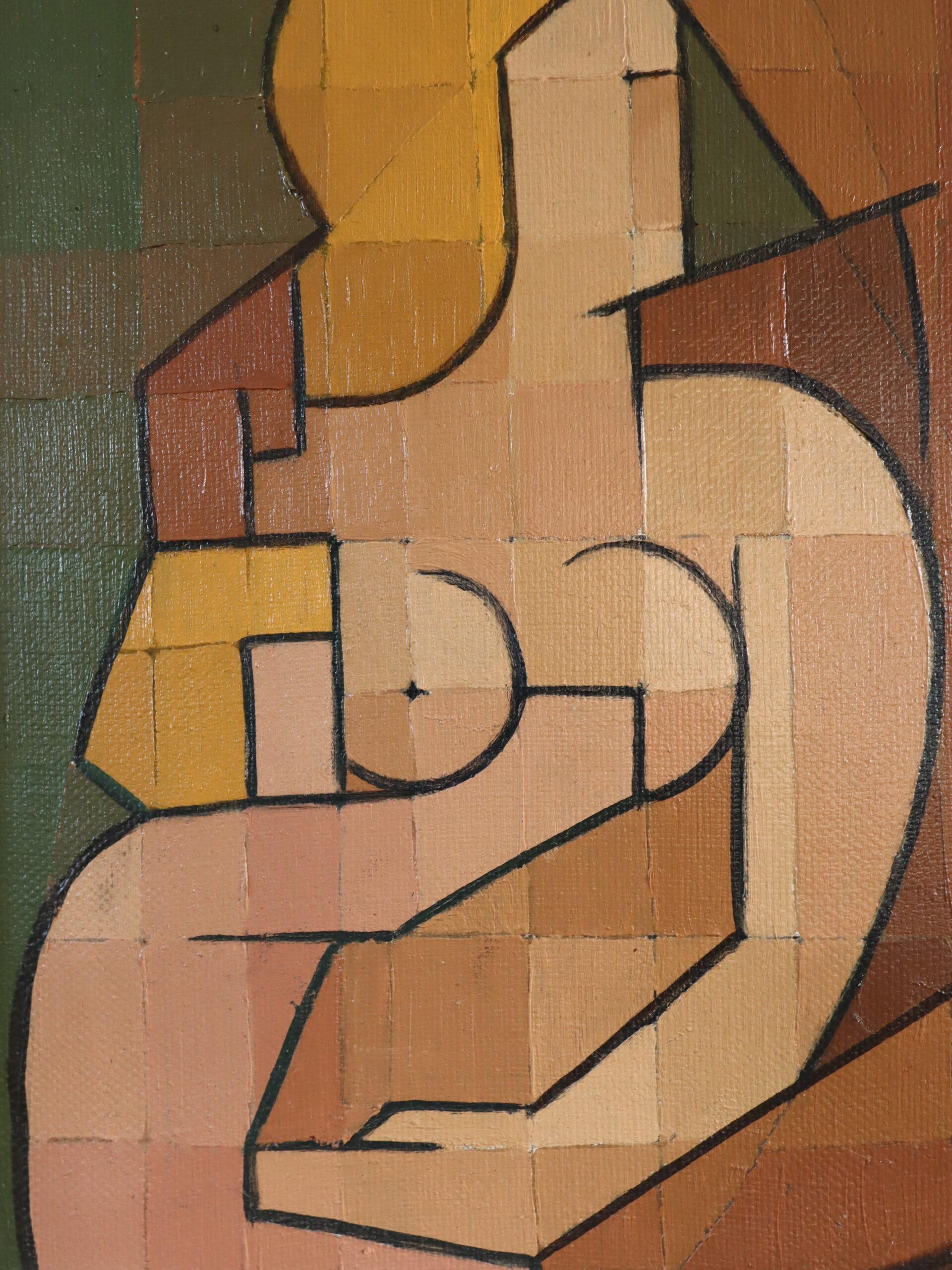 Mid Century Modern Vintage Geometrisch Abstrakt Figur Ölgemälde - Verflochten im Angebot 9