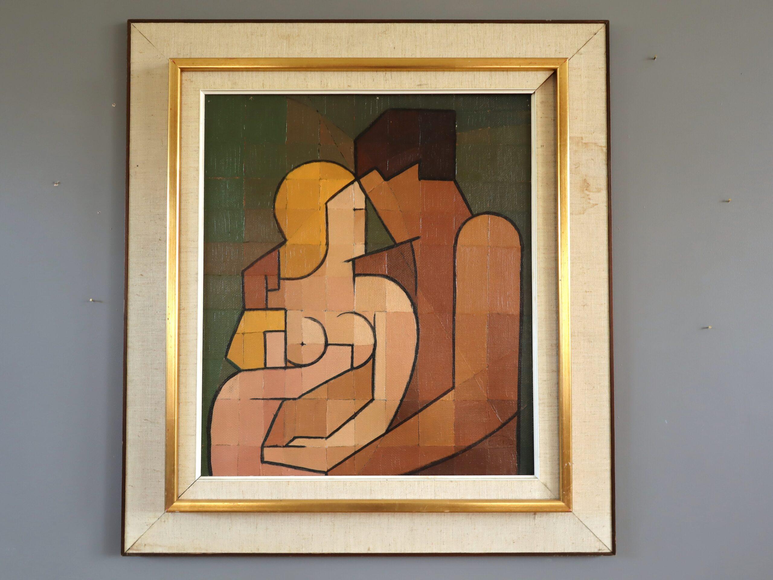 Mid Century Modern Vintage Geometrisch Abstrakt Figur Ölgemälde - Verflochten – Painting von Unknown