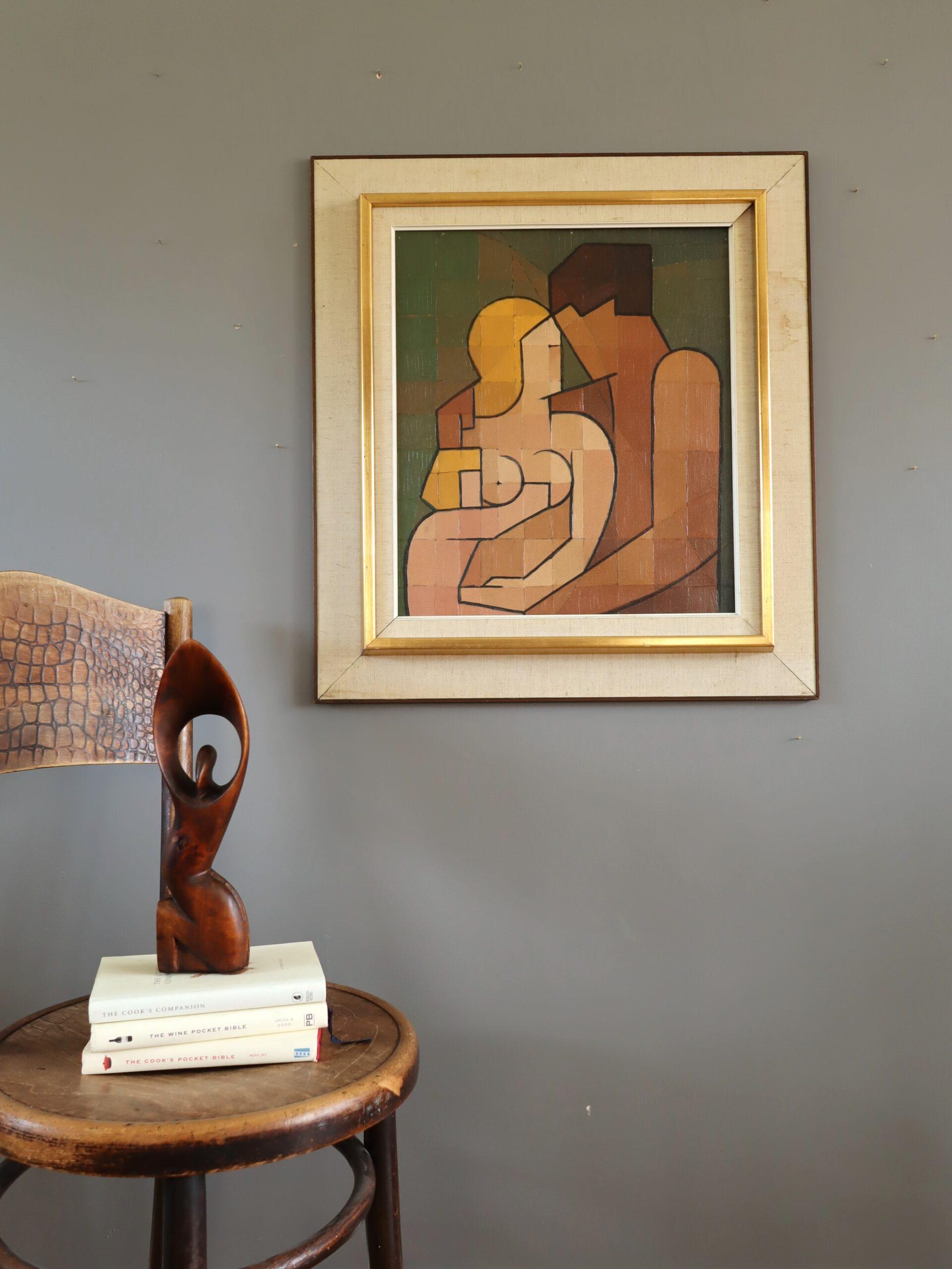 Mid Century Modern Vintage Geometrisch Abstrakt Figur Ölgemälde - Verflochten (Moderne), Painting, von Unknown