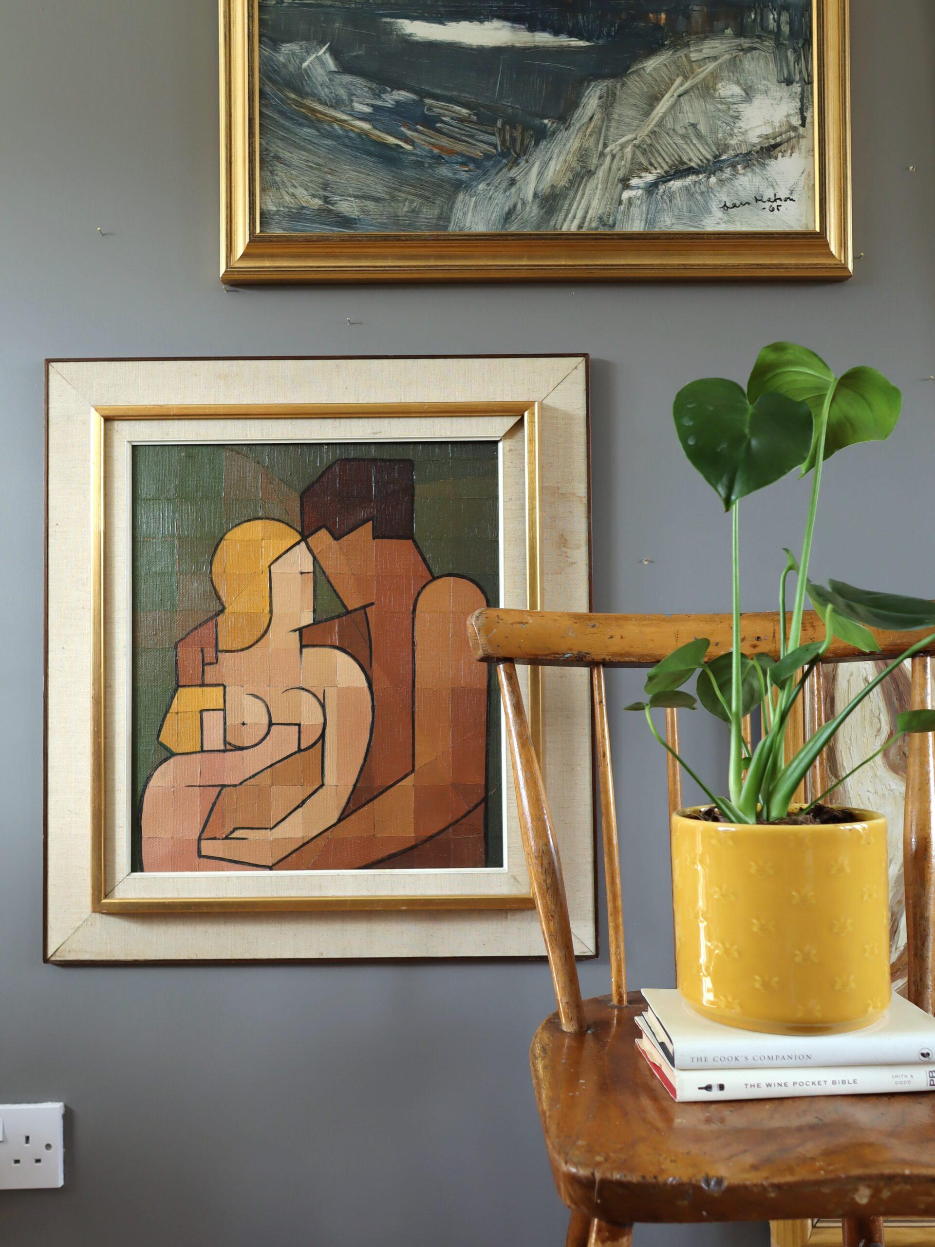 Mid Century Modern Vintage Geometrisch Abstrakt Figur Ölgemälde - Verflochten (Braun), Figurative Painting, von Unknown