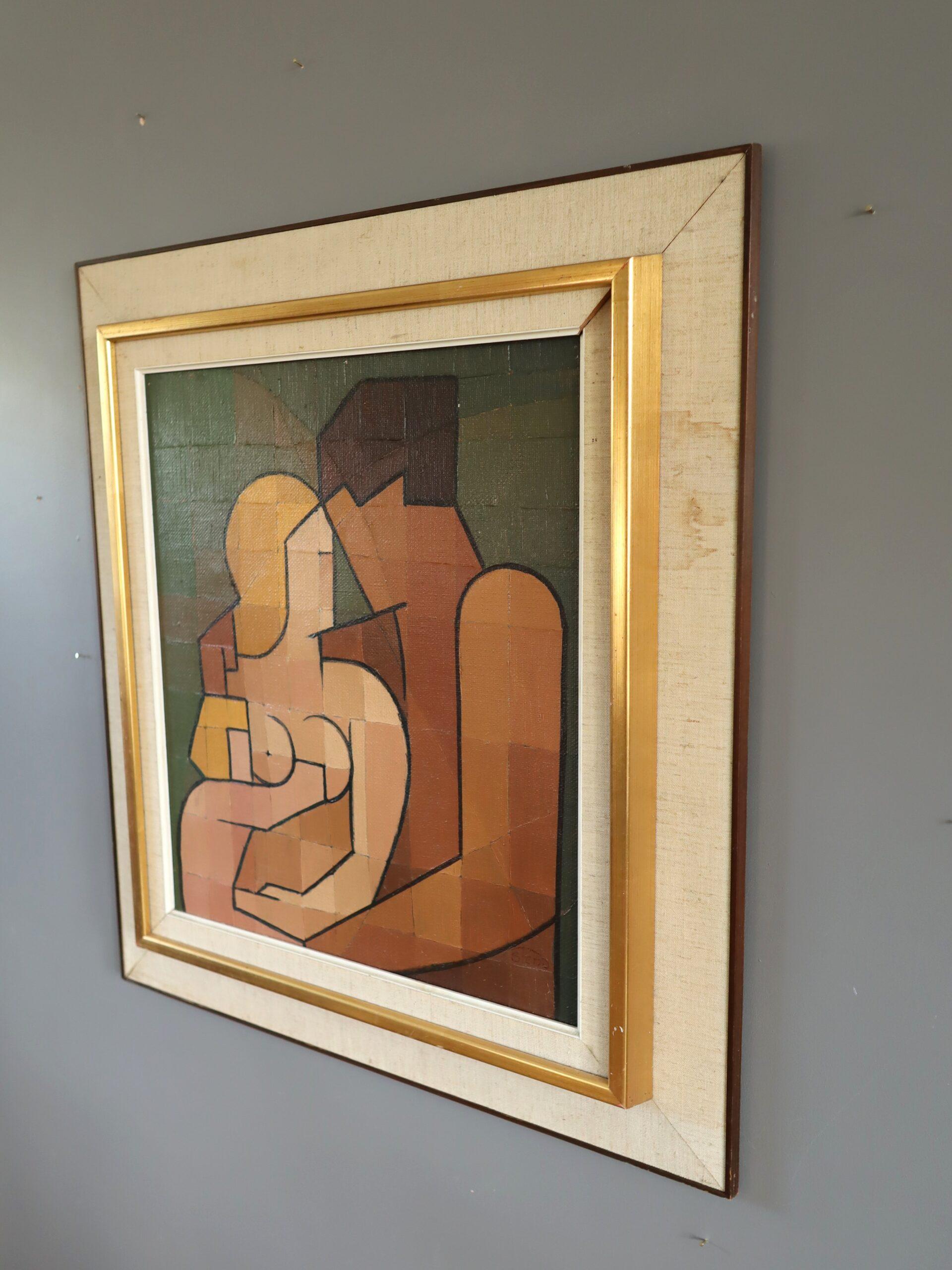 Mid Century Modern Vintage Geometrisch Abstrakt Figur Ölgemälde - Verflochten im Angebot 1