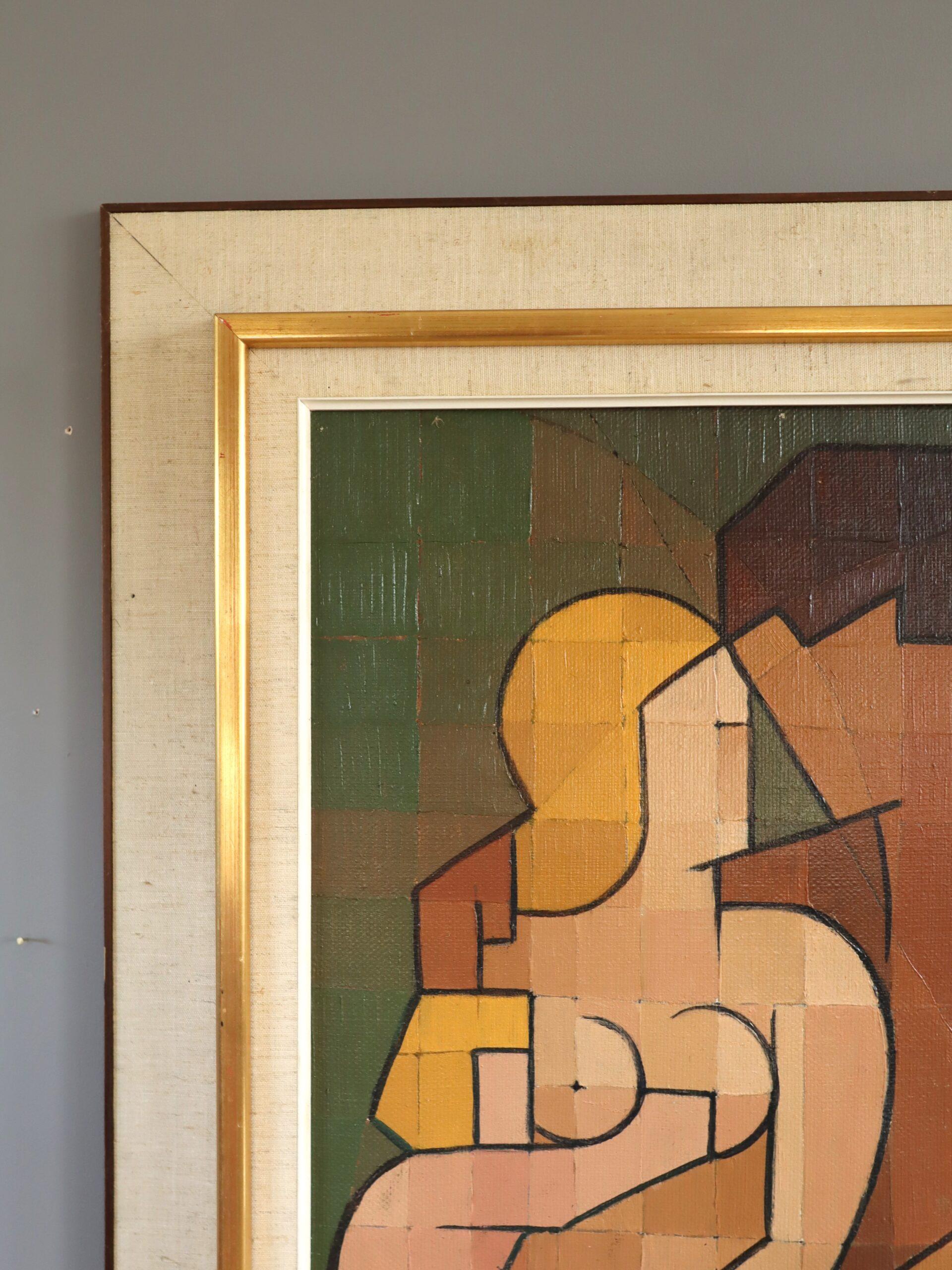 Mid Century Modern Vintage Geometrisch Abstrakt Figur Ölgemälde - Verflochten im Angebot 2