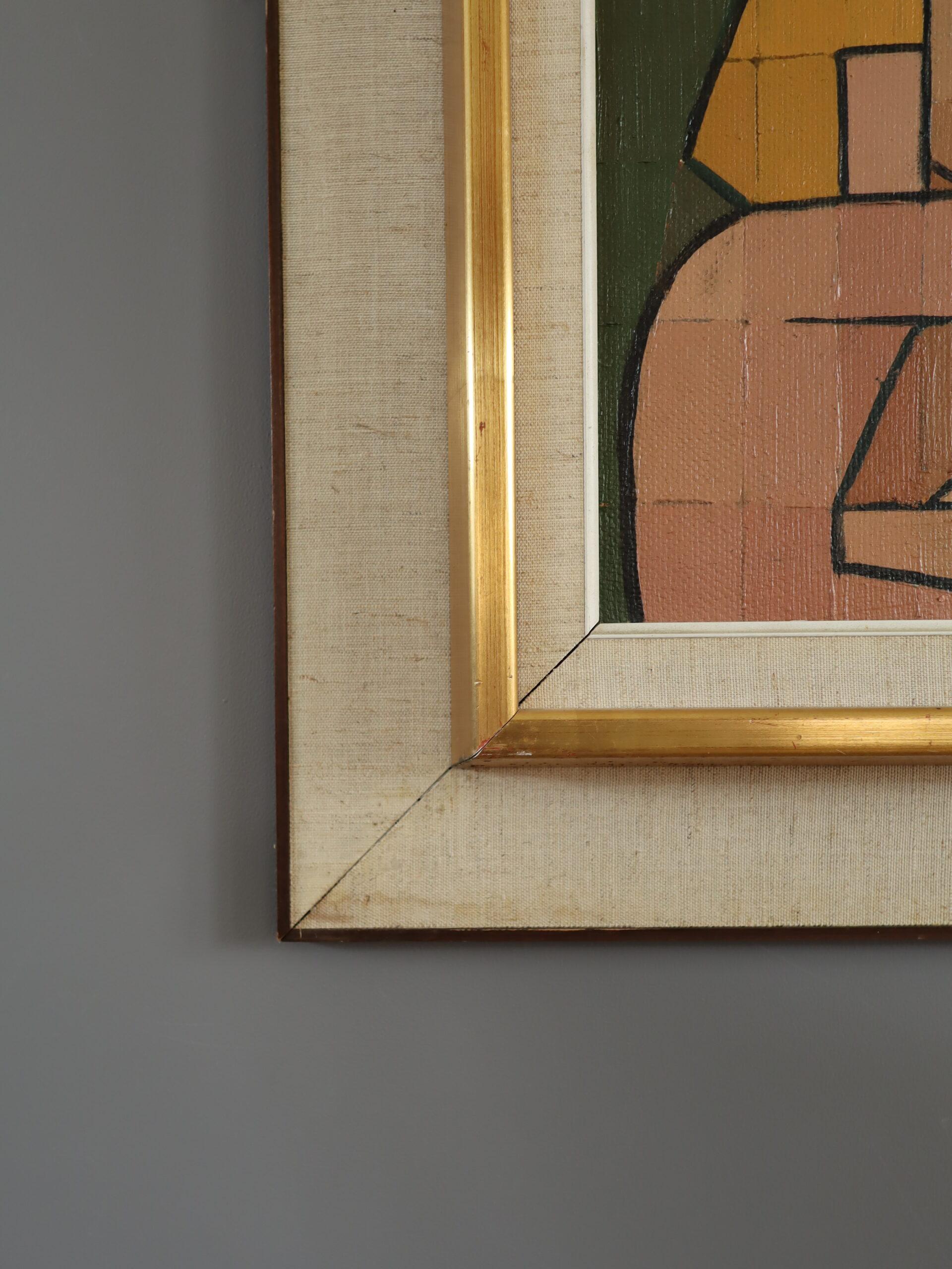 Mid Century Modern Vintage Geometrisch Abstrakt Figur Ölgemälde - Verflochten im Angebot 4