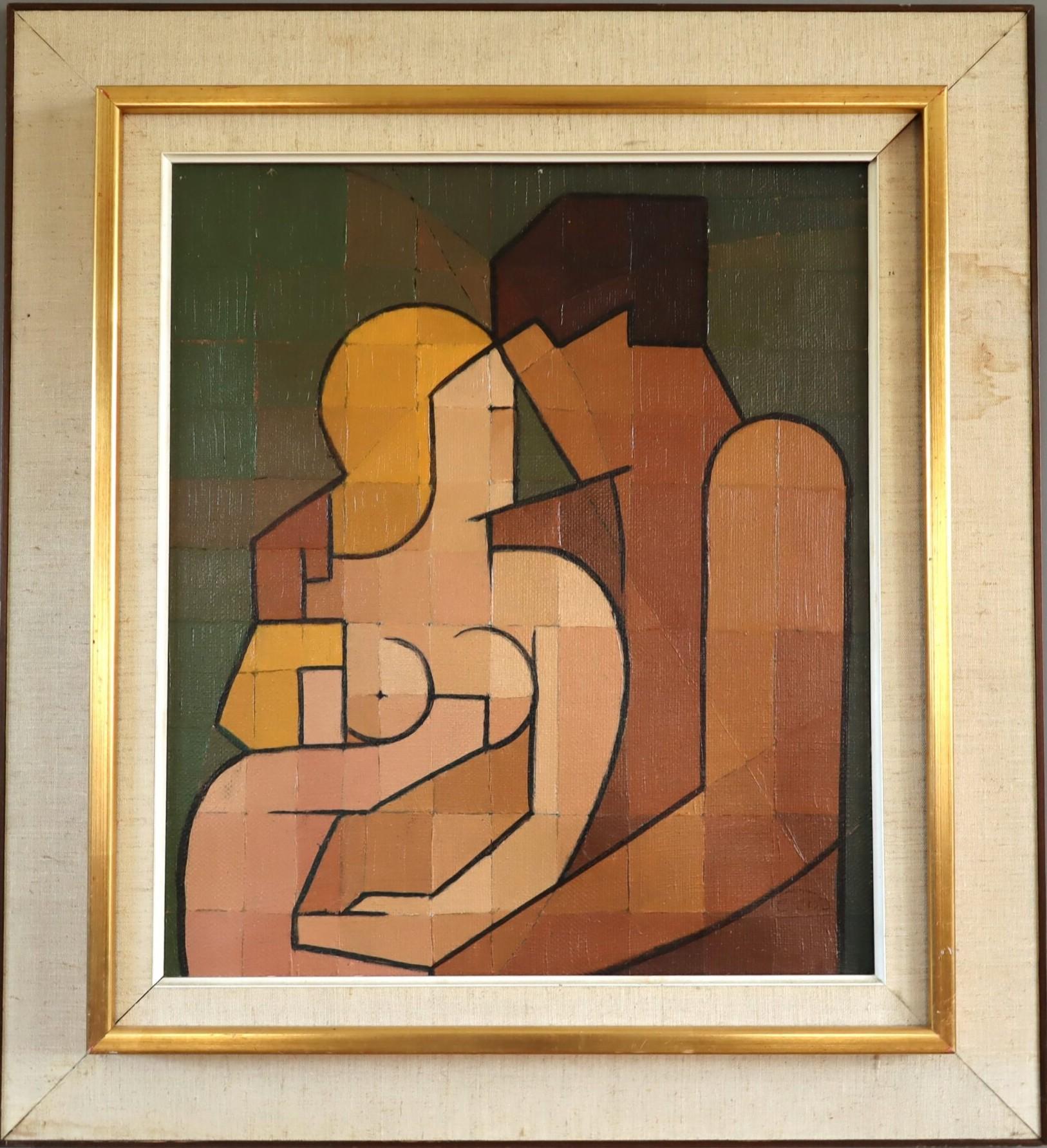 Unknown Figurative Painting – Mid Century Modern Vintage Geometrisch Abstrakt Figur Ölgemälde - Verflochten