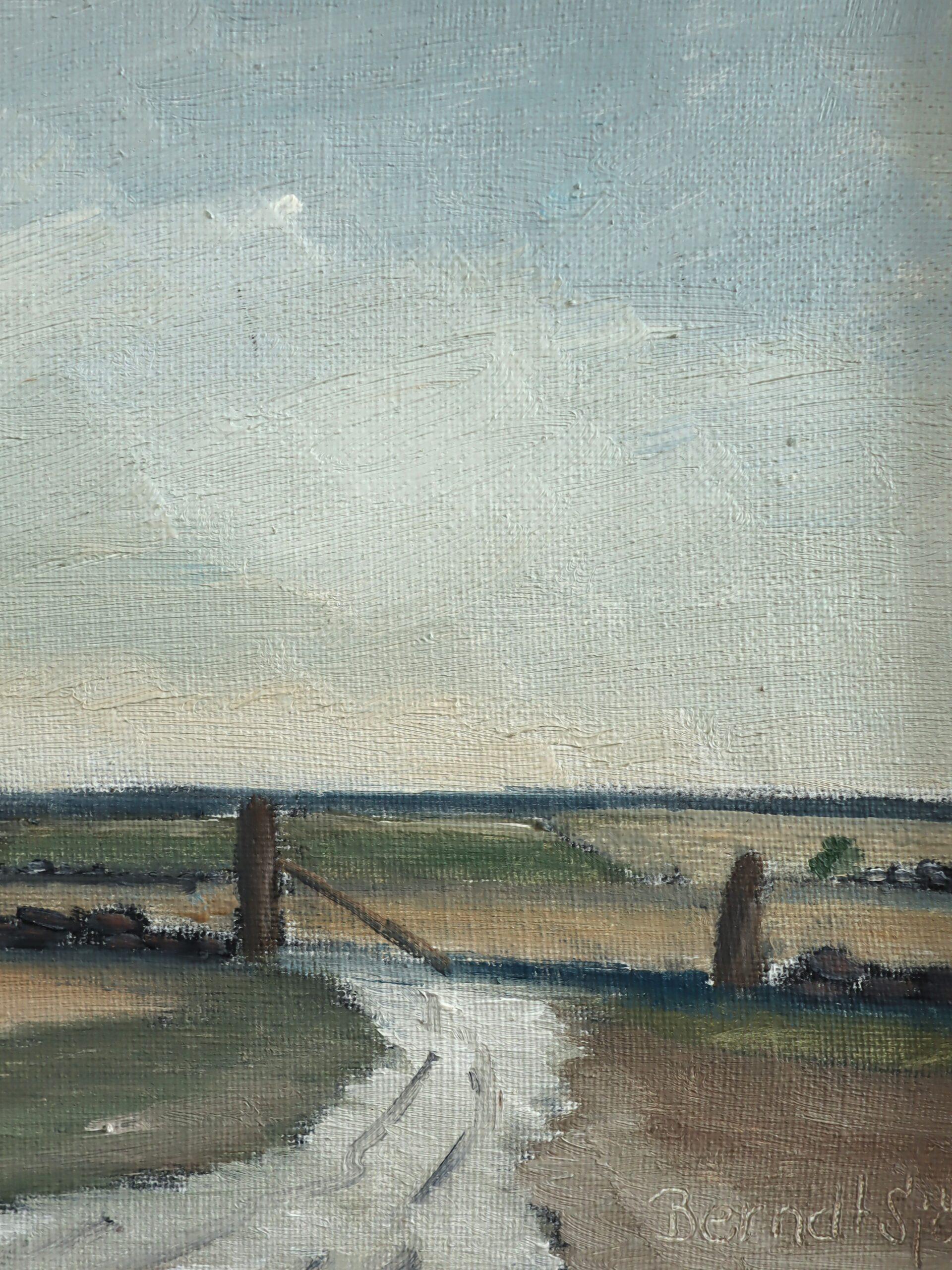 Peinture à l'huile de paysage Vintage du milieu du siècle dernier - Haystacks by the Gate en vente 5