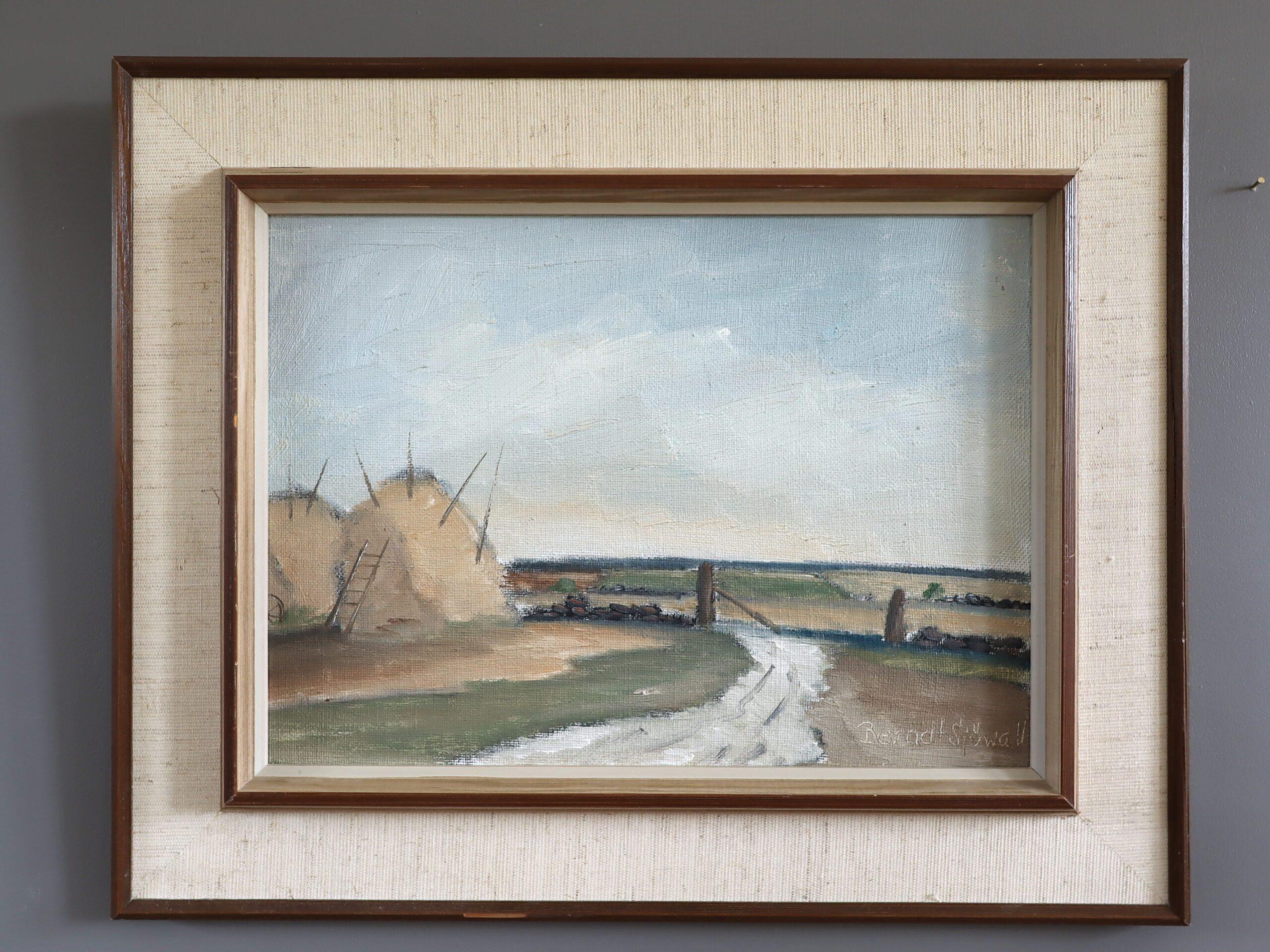 Peinture à l'huile de paysage Vintage du milieu du siècle dernier - Haystacks by the Gate - Painting de Unknown