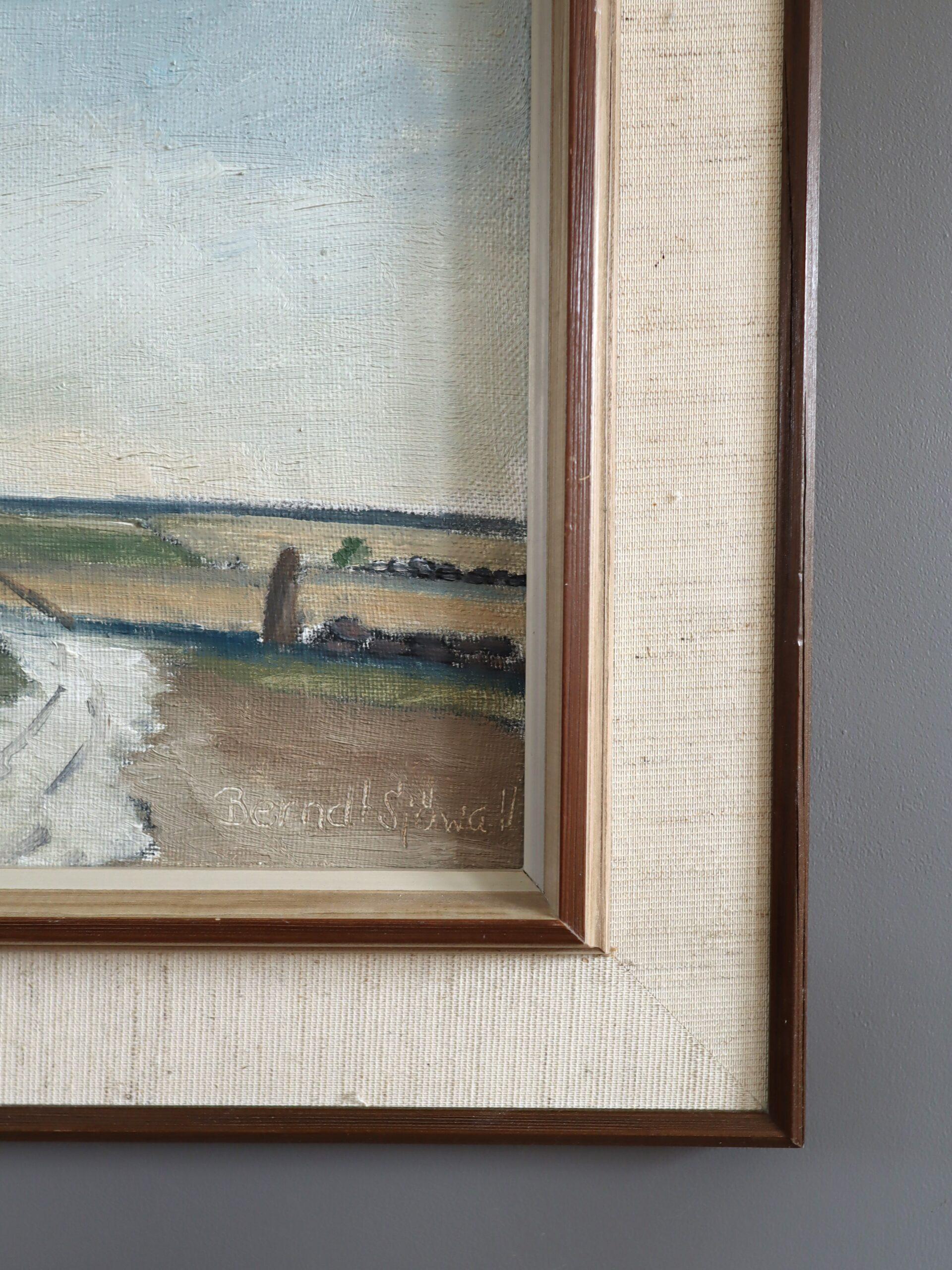 Peinture à l'huile de paysage Vintage du milieu du siècle dernier - Haystacks by the Gate en vente 2