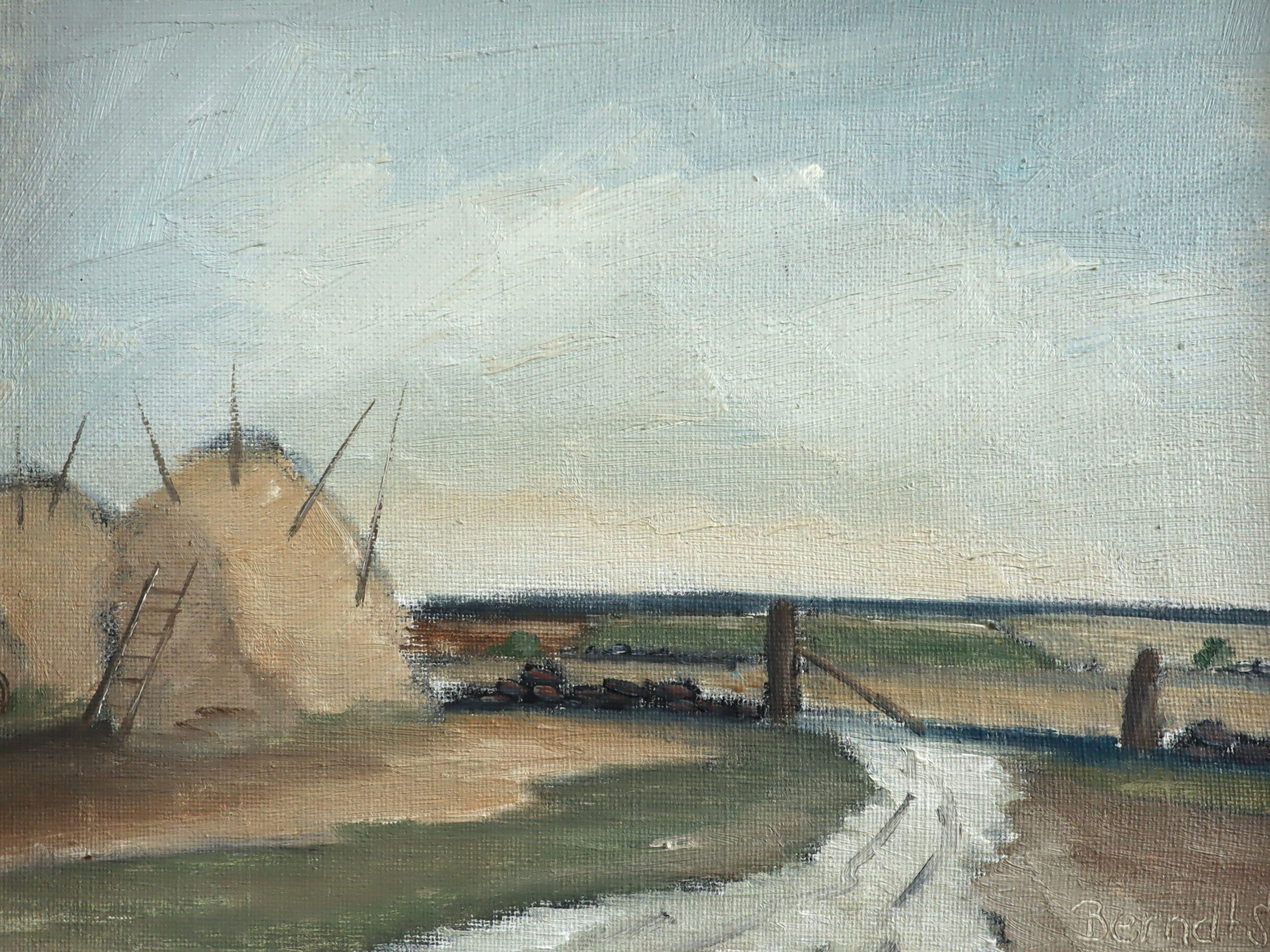 Peinture à l'huile de paysage Vintage du milieu du siècle dernier - Haystacks by the Gate en vente 3