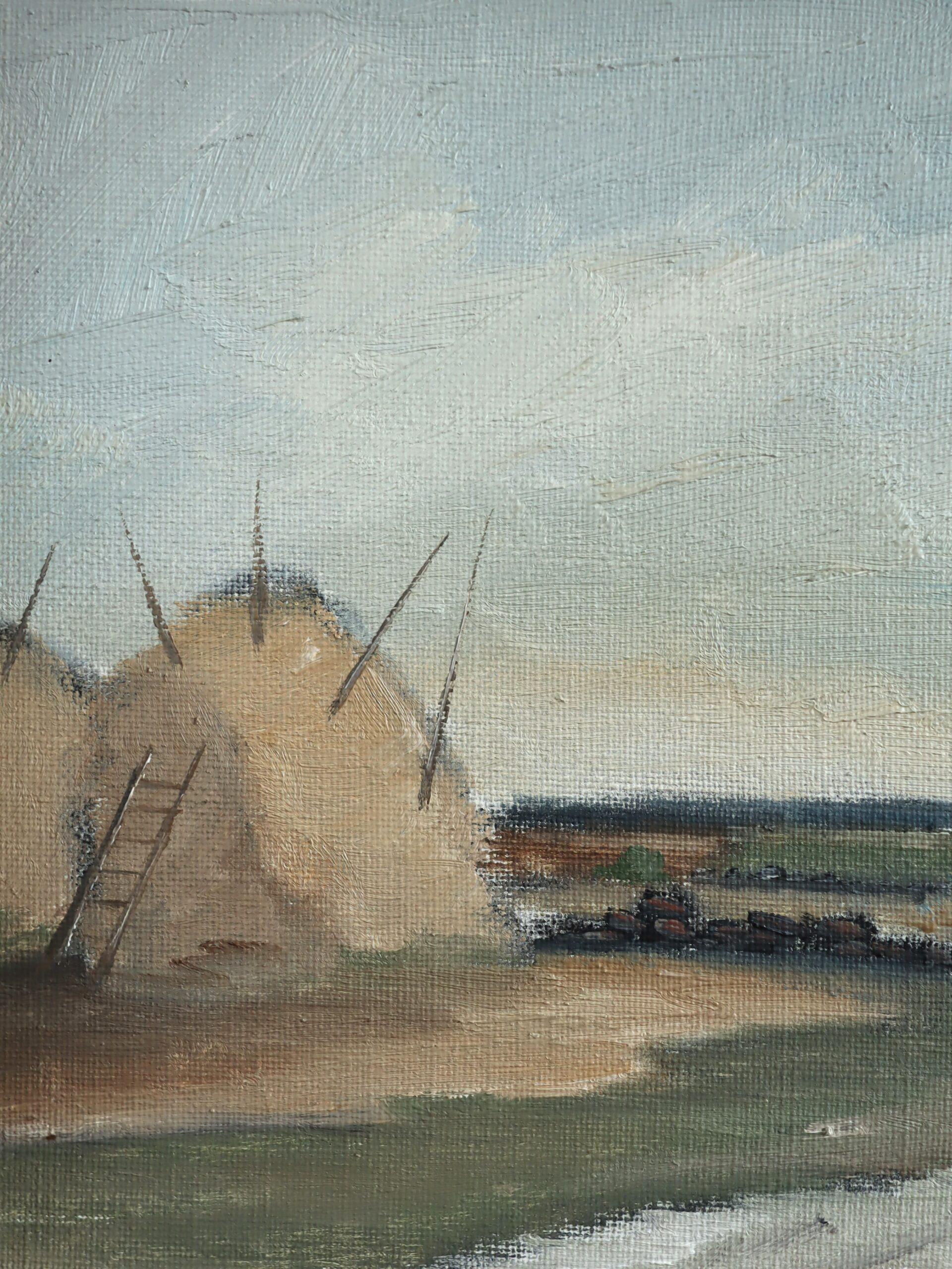 Peinture à l'huile de paysage Vintage du milieu du siècle dernier - Haystacks by the Gate en vente 4