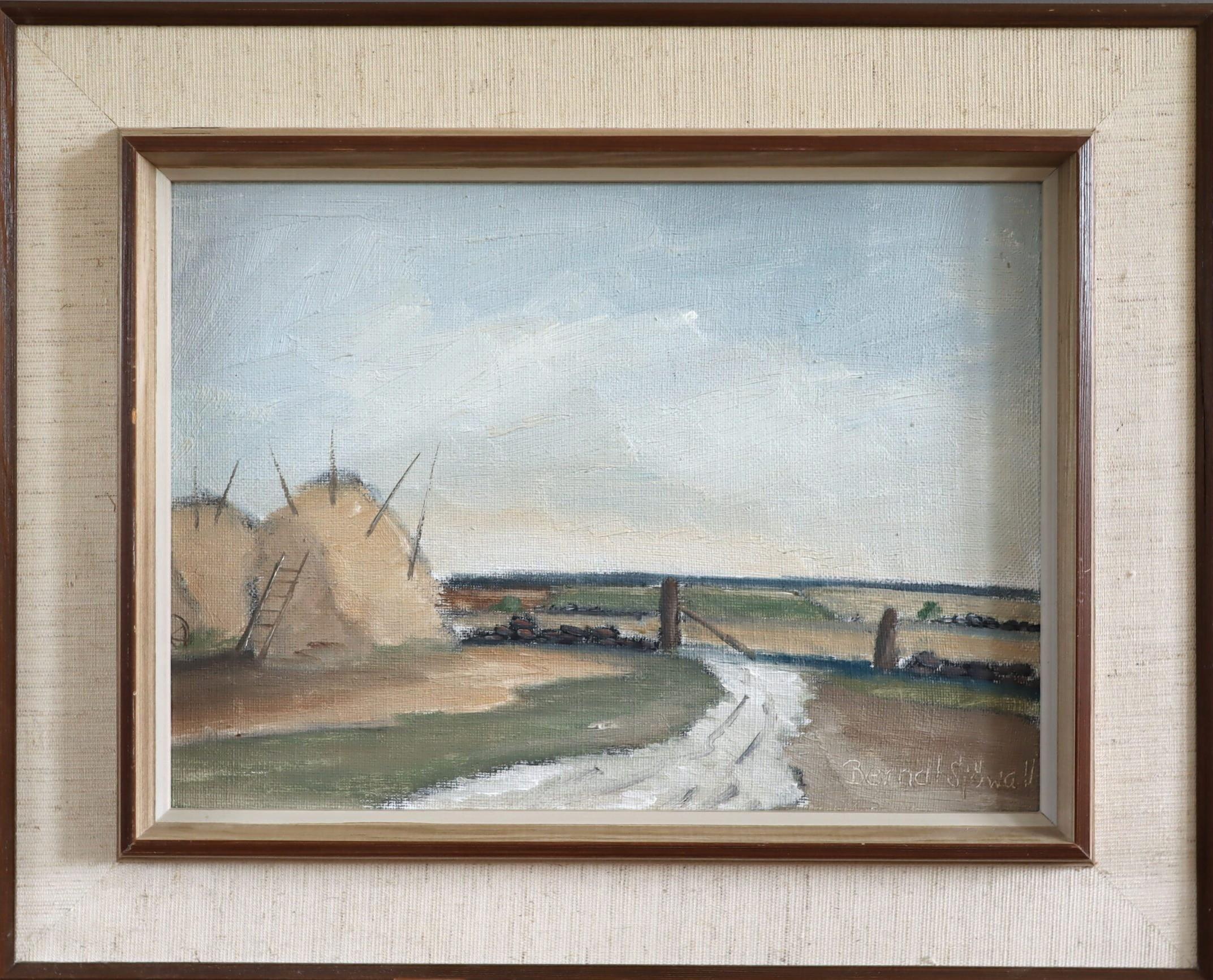 Peinture à l'huile de paysage Vintage du milieu du siècle dernier - Haystacks by the Gate