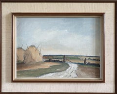 Mid Century Modern Vintage Landscape Oil Painting - Haystacks by the Gate
