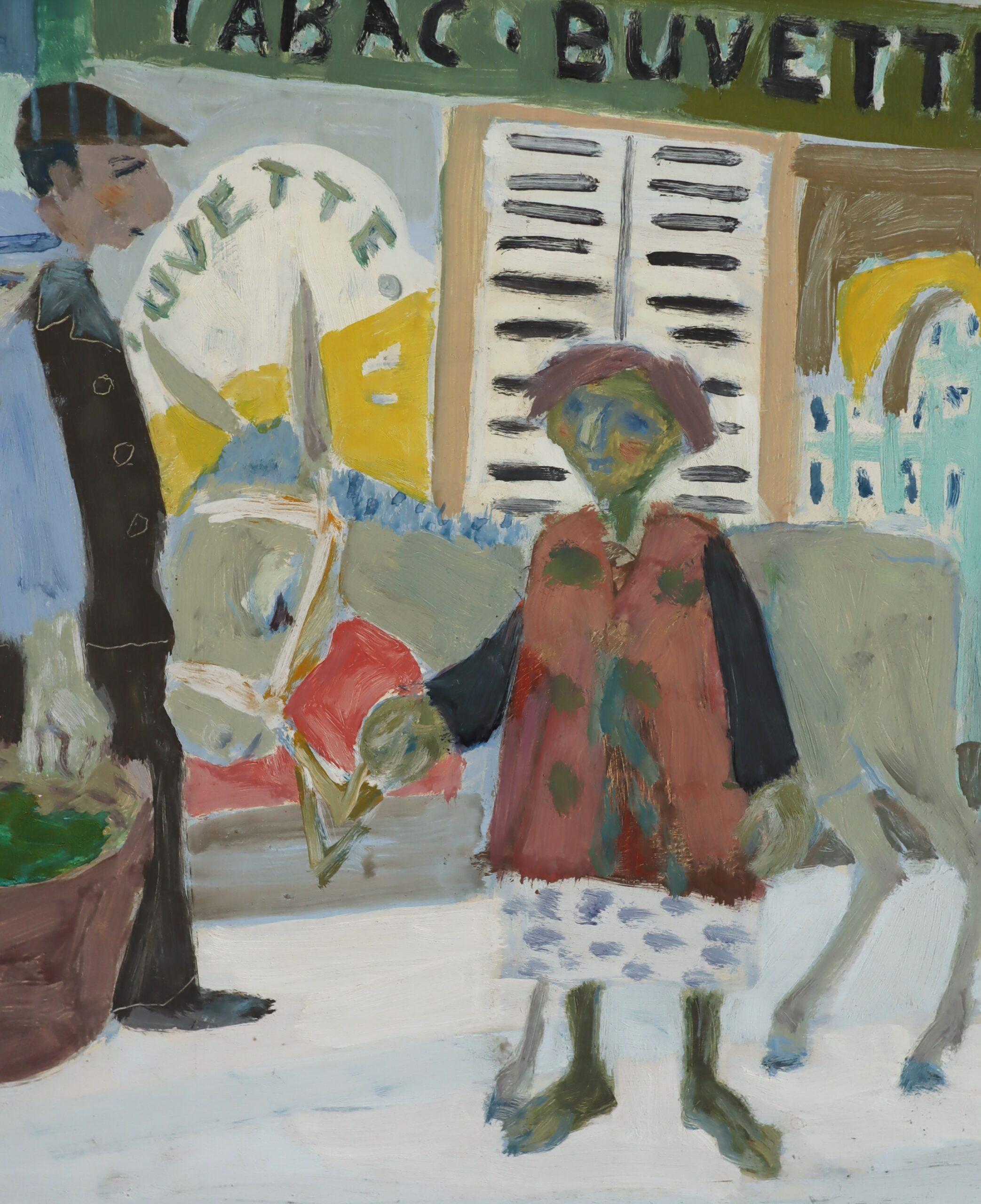 Pintura al óleo de escena callejera de estilo ingenuo vintage moderno de mediados de siglo - Día de mercado en venta 5