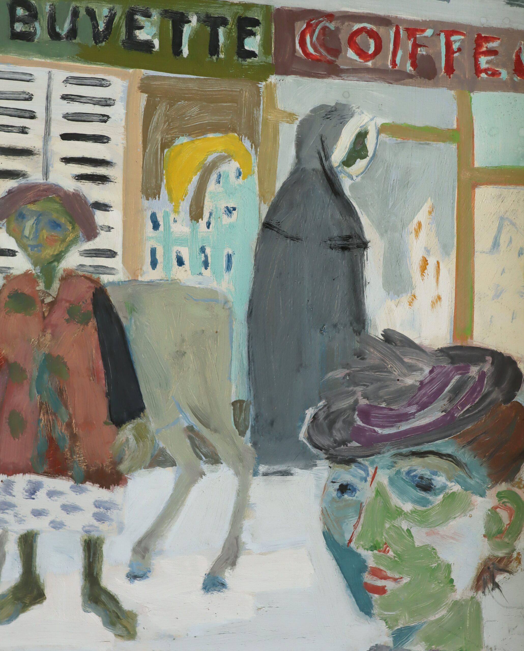 Pintura al óleo de escena callejera de estilo ingenuo vintage moderno de mediados de siglo - Día de mercado en venta 6