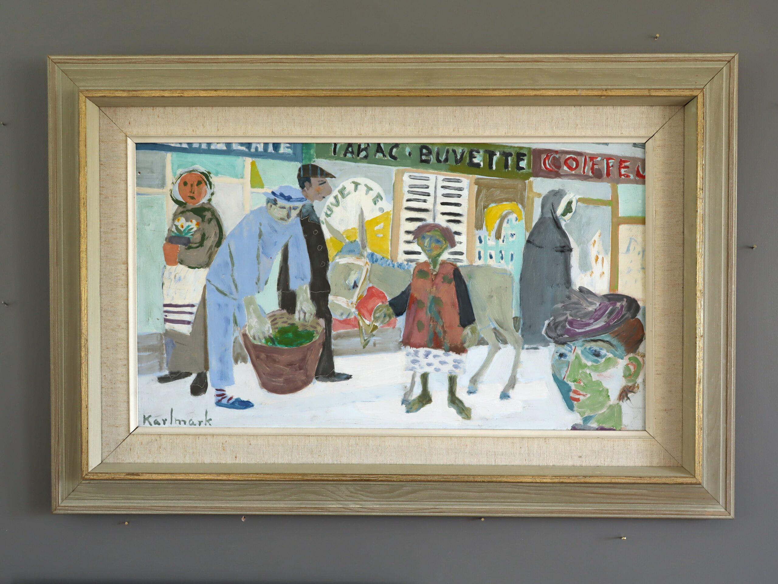 Pintura al óleo de escena callejera de estilo ingenuo vintage moderno de mediados de siglo - Día de mercado - Painting de Unknown