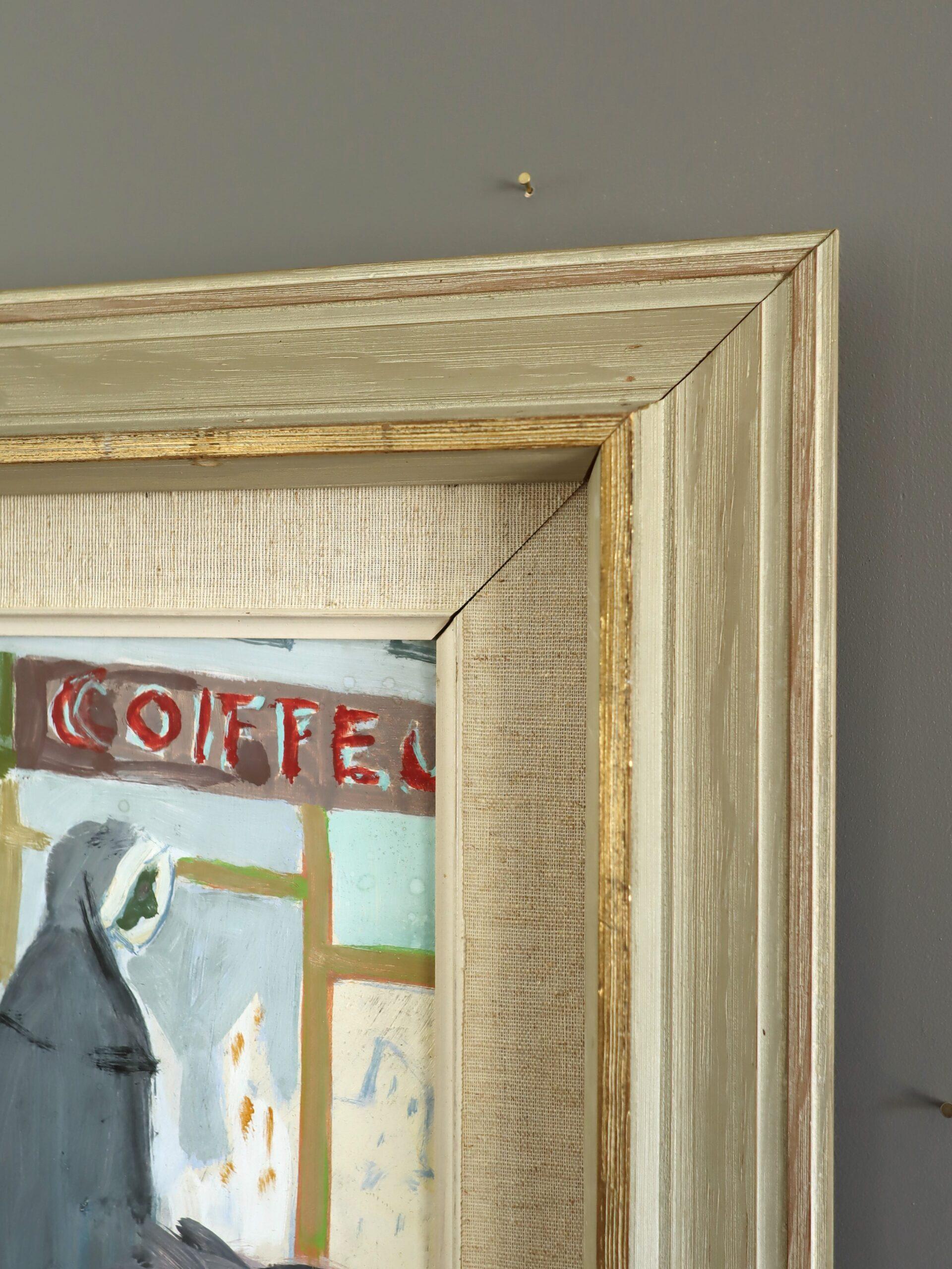 Pintura al óleo de escena callejera de estilo ingenuo vintage moderno de mediados de siglo - Día de mercado en venta 2