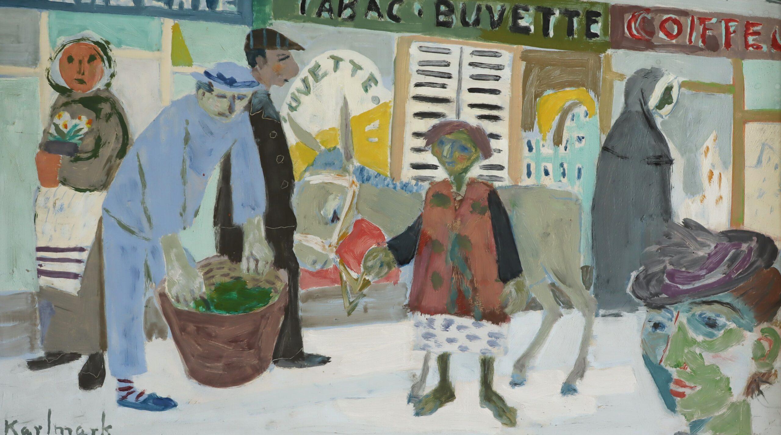 Pintura al óleo de escena callejera de estilo ingenuo vintage moderno de mediados de siglo - Día de mercado en venta 3