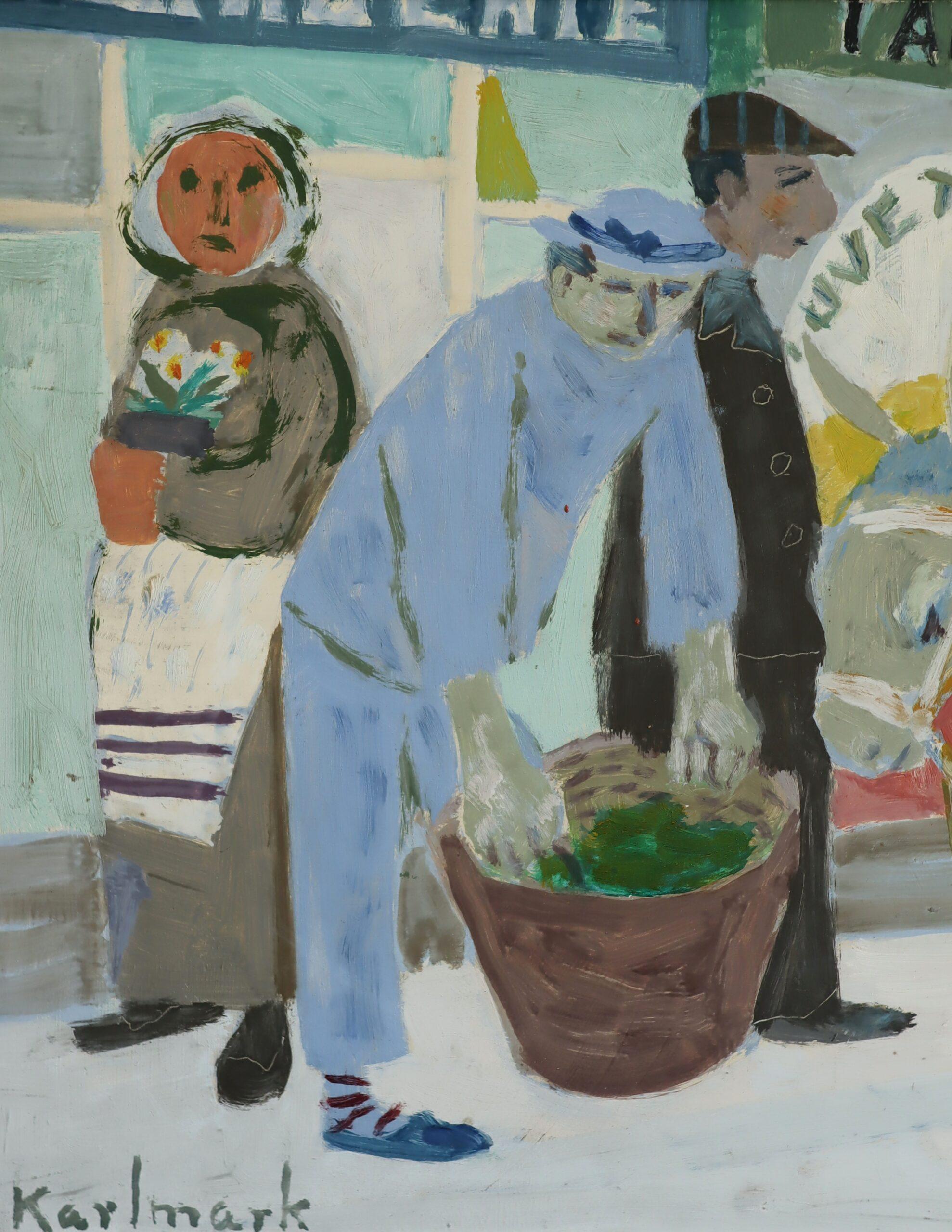 Pintura al óleo de escena callejera de estilo ingenuo vintage moderno de mediados de siglo - Día de mercado en venta 4