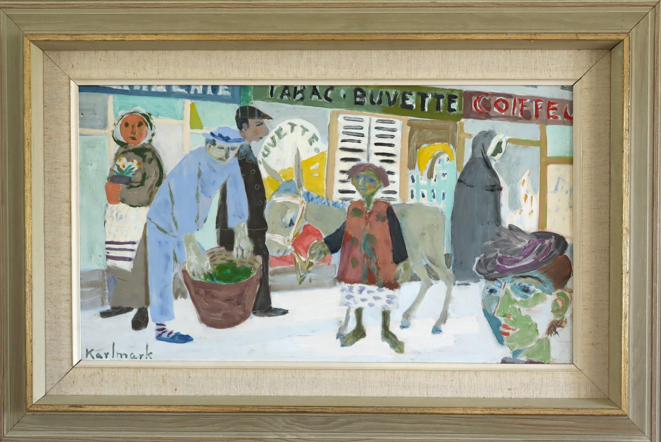 Figurative Painting de Unknown - Pintura al óleo de escena callejera de estilo ingenuo vintage moderno de mediados de siglo - Día de mercado