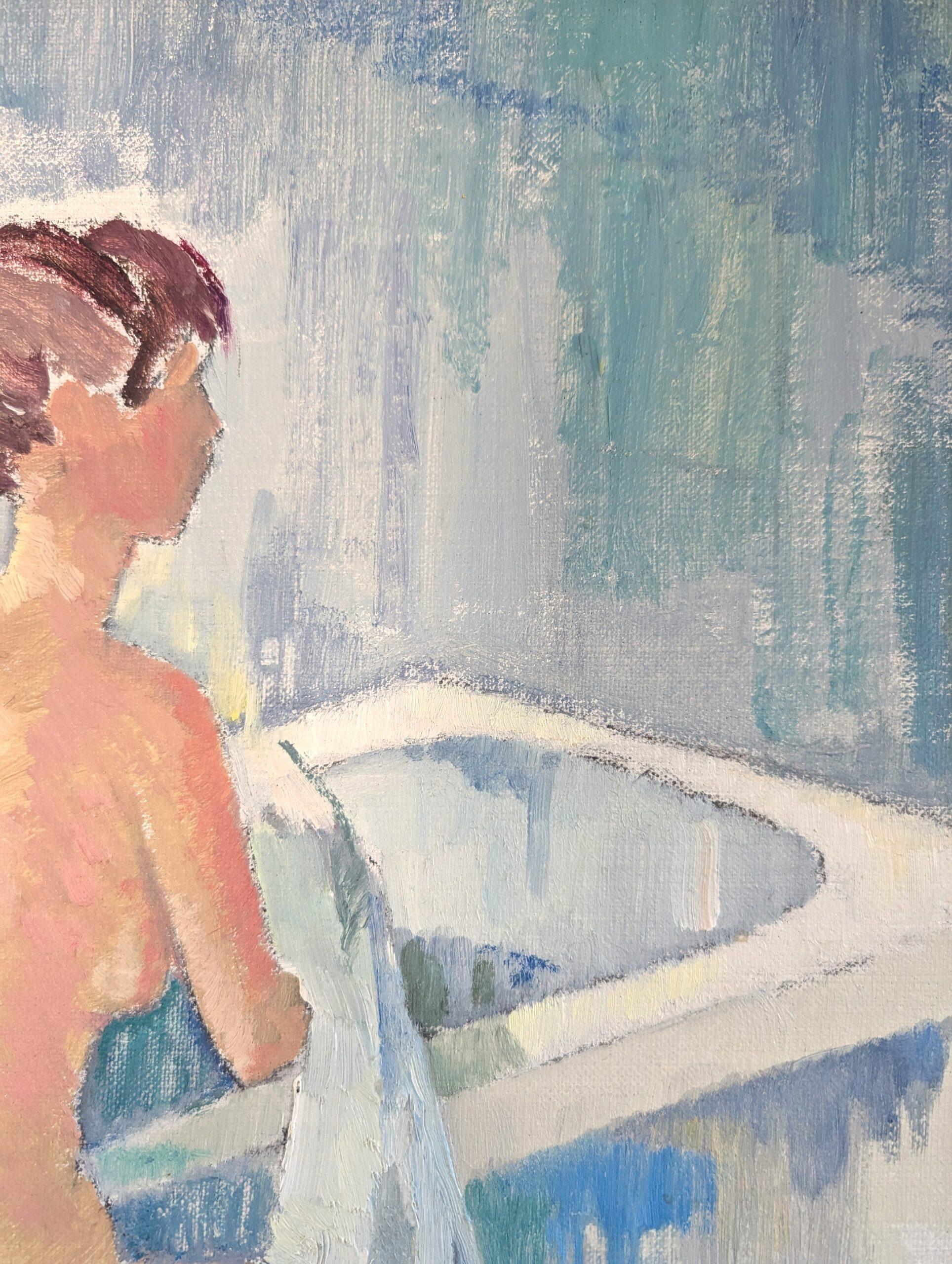 Mid Century Modern Vintage Nude Figurative Portrait Oil Painting - Bath Time For Sale 7
