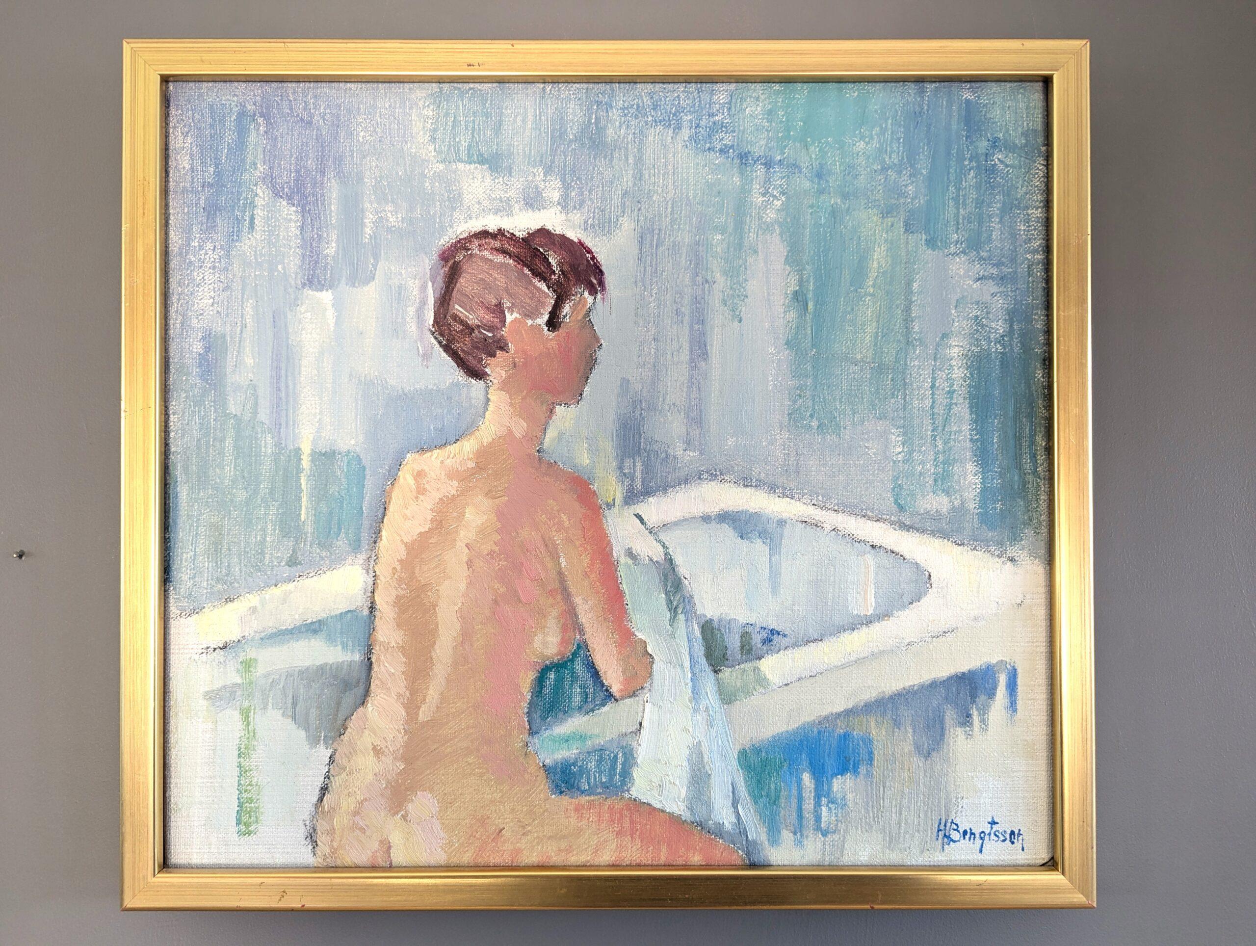 Mid Century Modern Vintage Nude Figurative Portrait Oil Painting - Bath Time - Gray Nude Painting by Unknown