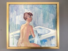 Mid-Century Modern Vintage Akt Figuratives Porträt Ölgemälde - Badezeit, Mid-Century Modern