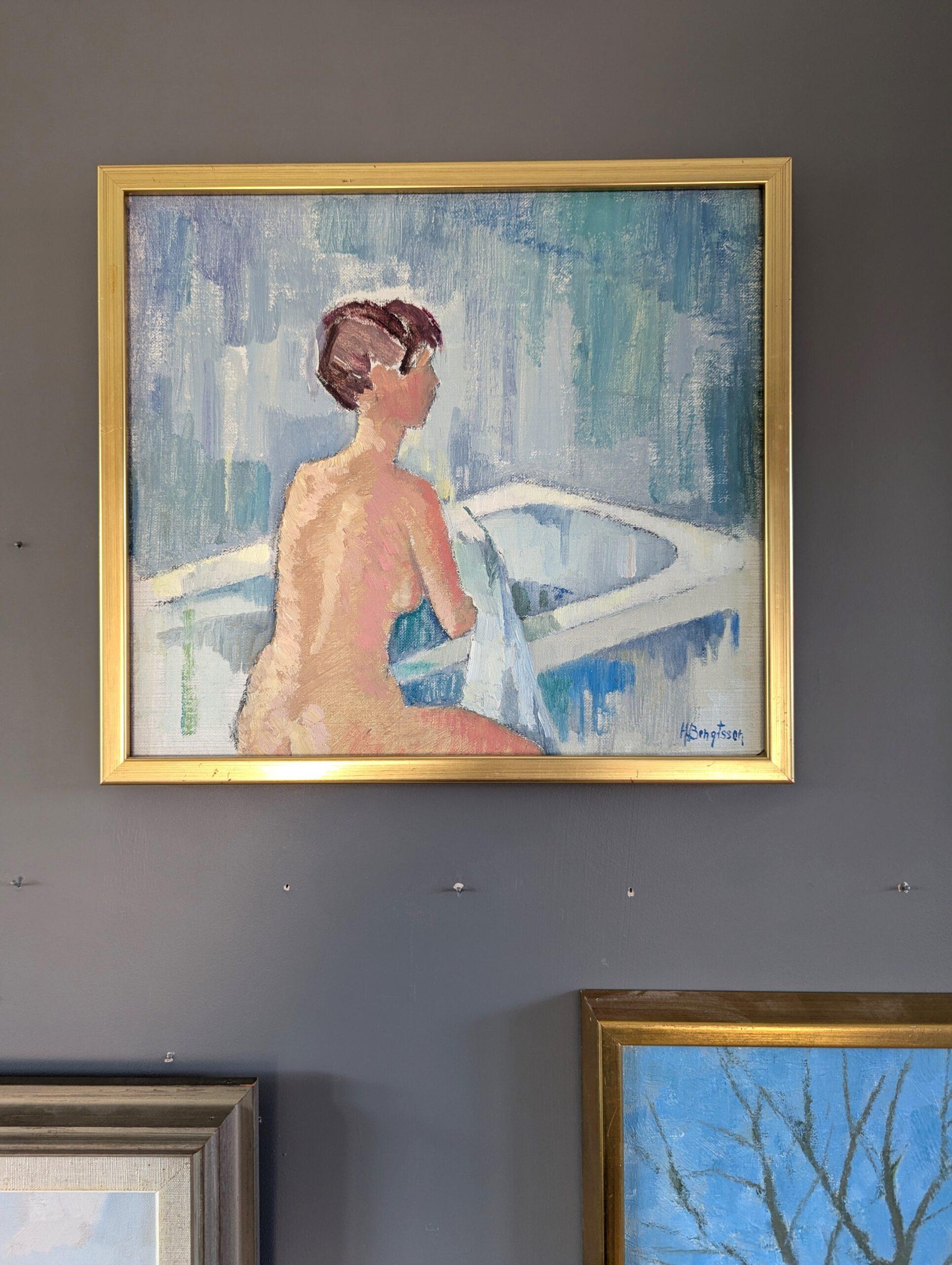 Mid Century Modern Vintage Nude Figurative Portrait Oil Painting - Bath Time For Sale 1