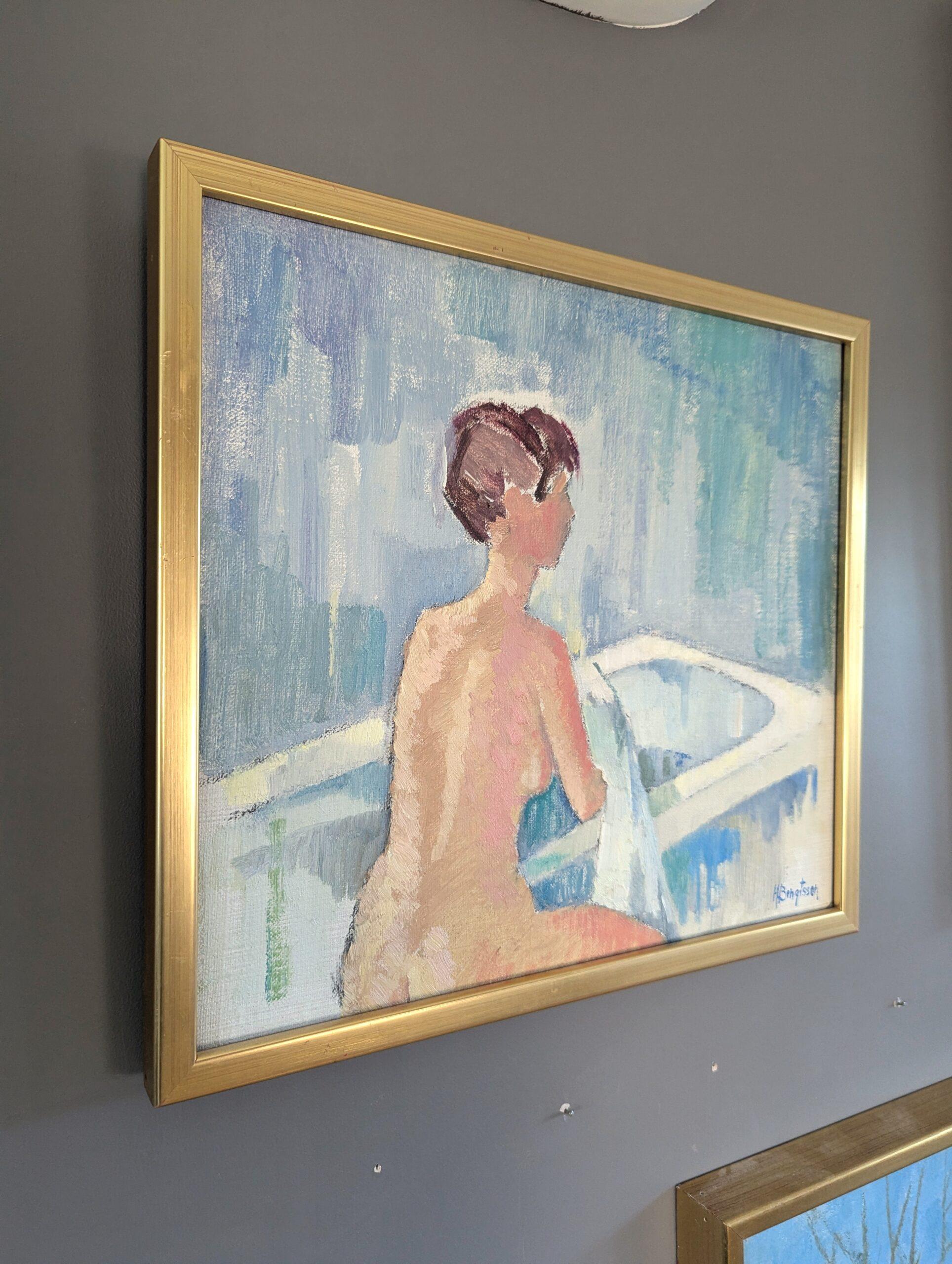 Mid Century Modern Vintage Nude Figurative Portrait Oil Painting - Bath Time For Sale 2