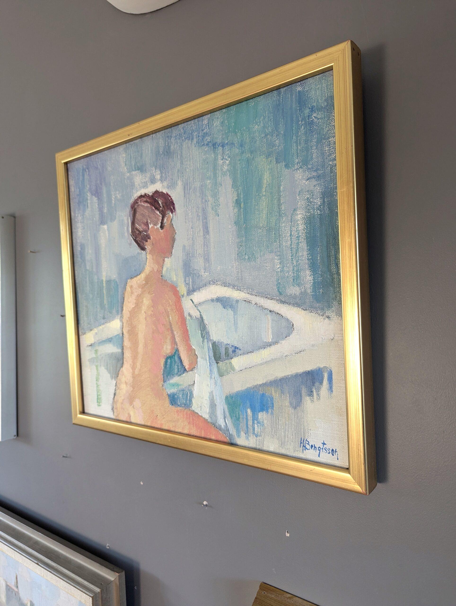 Mid Century Modern Vintage Nude Figurative Portrait Oil Painting - Bath Time For Sale 3