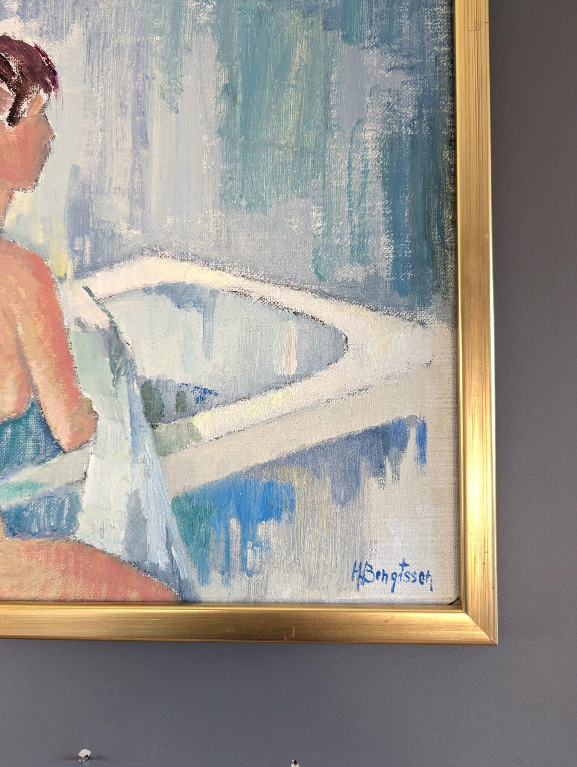 Mid Century Modern Vintage Nude Figurative Portrait Oil Painting - Bath Time For Sale 4