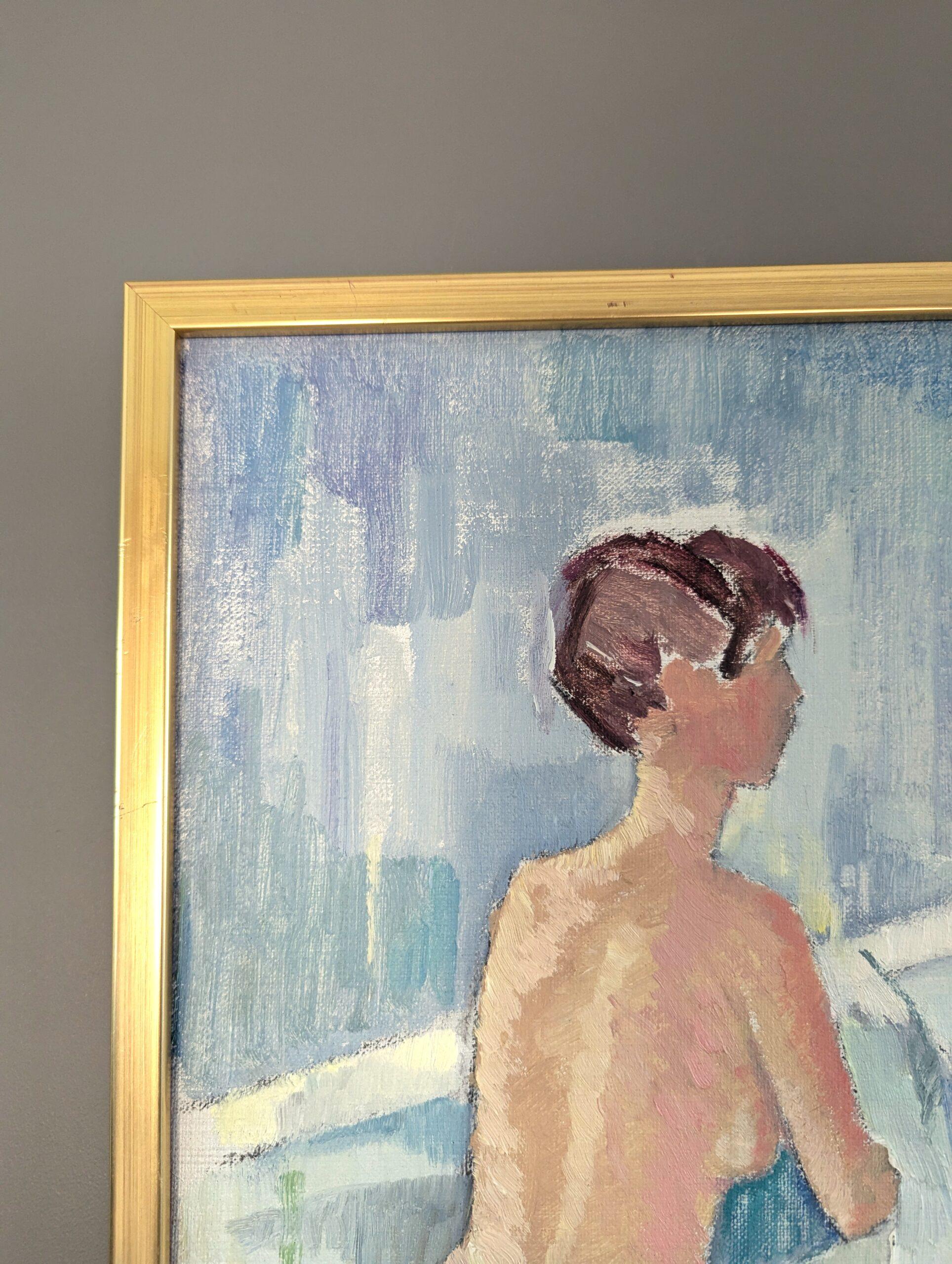 Mid Century Modern Vintage Nude Figurative Portrait Oil Painting - Bath Time For Sale 5