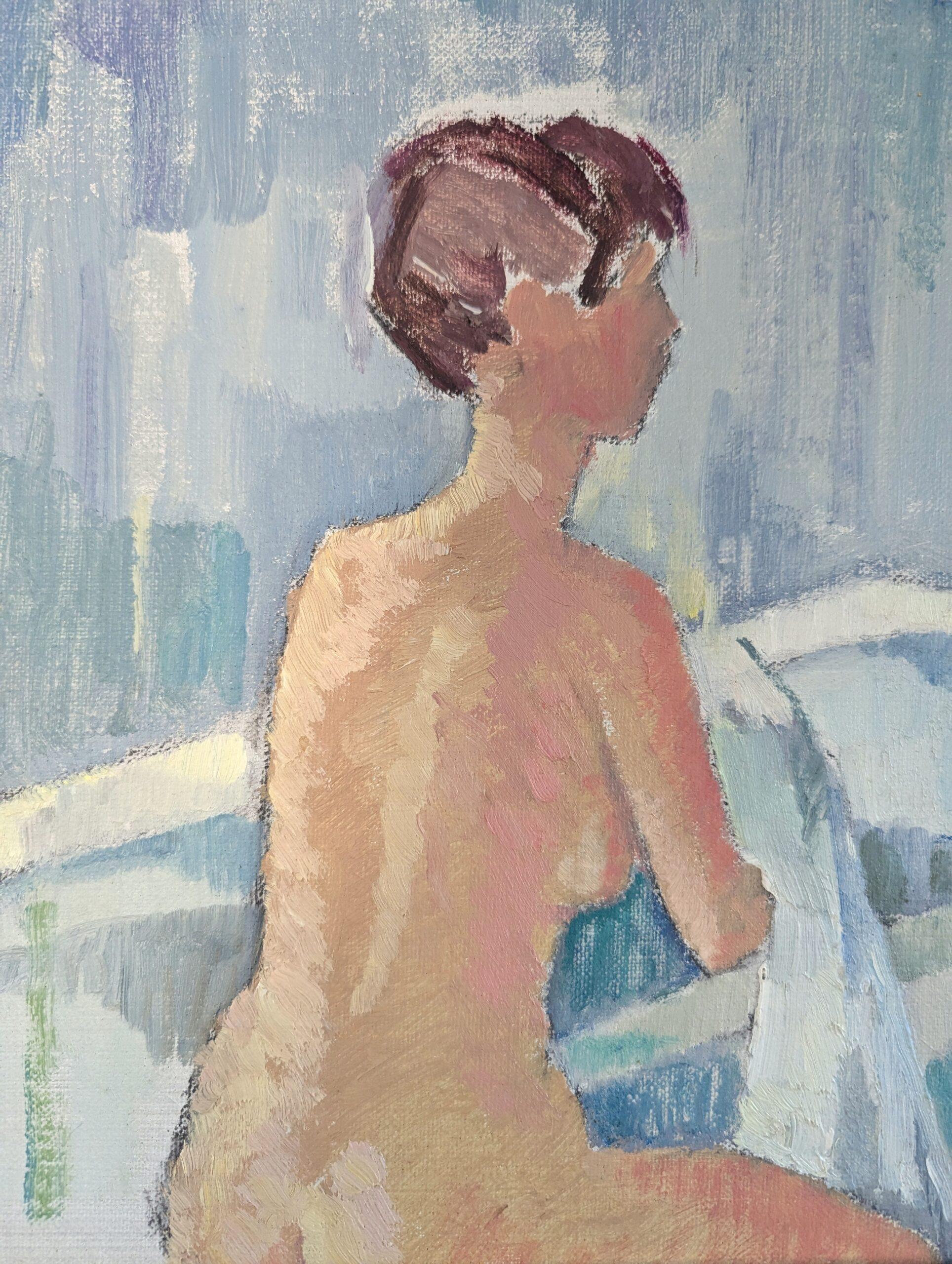 Mid Century Modern Vintage Nude Figurative Portrait Oil Painting - Bath Time For Sale 6