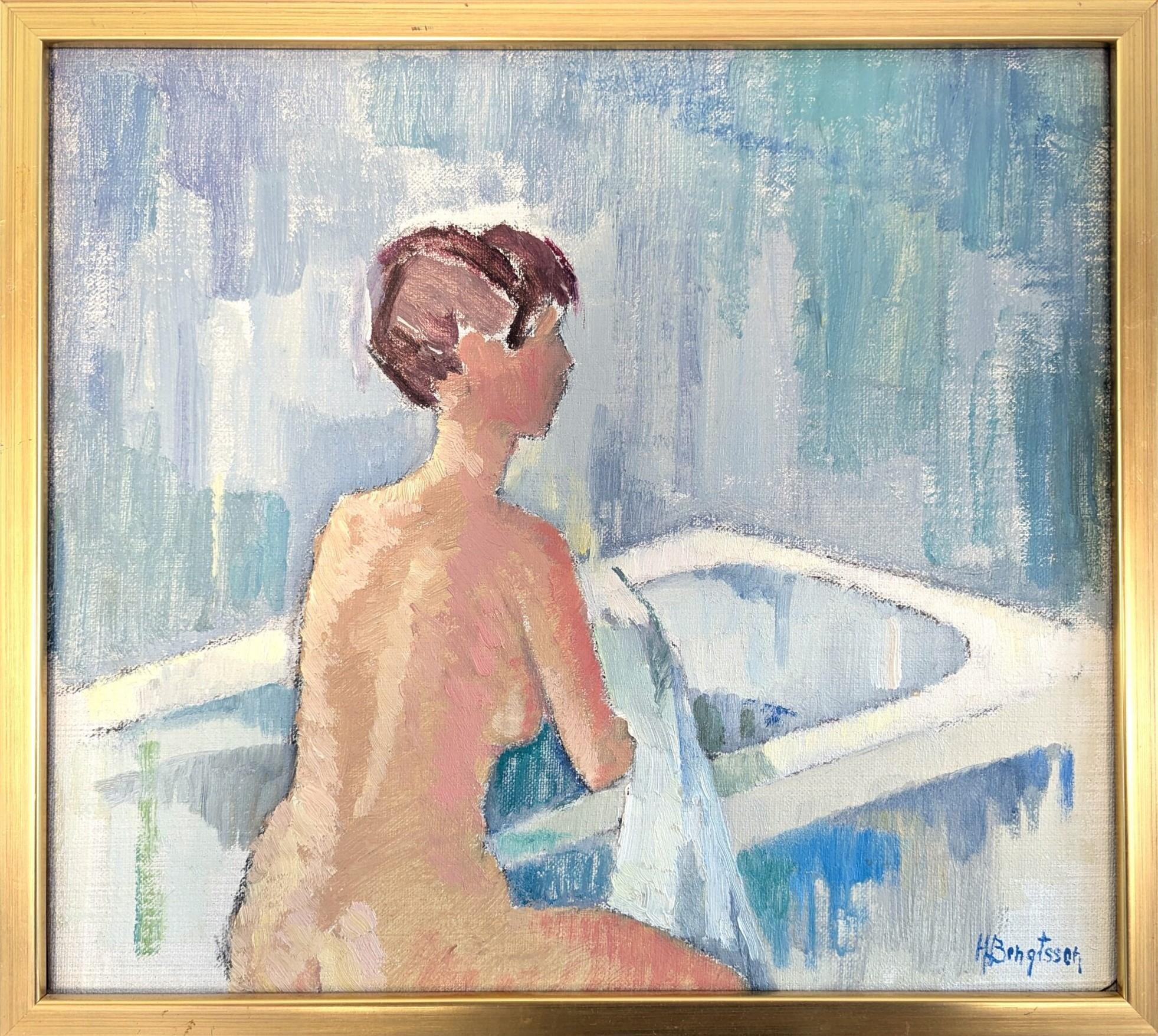 Unknown Nude Painting - Mid Century Modern Vintage Nude Figurative Portrait Oil Painting - Bath Time