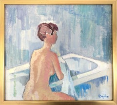 Pittura a olio con ritratto figurativo nudo d'epoca - Tempo di bagno