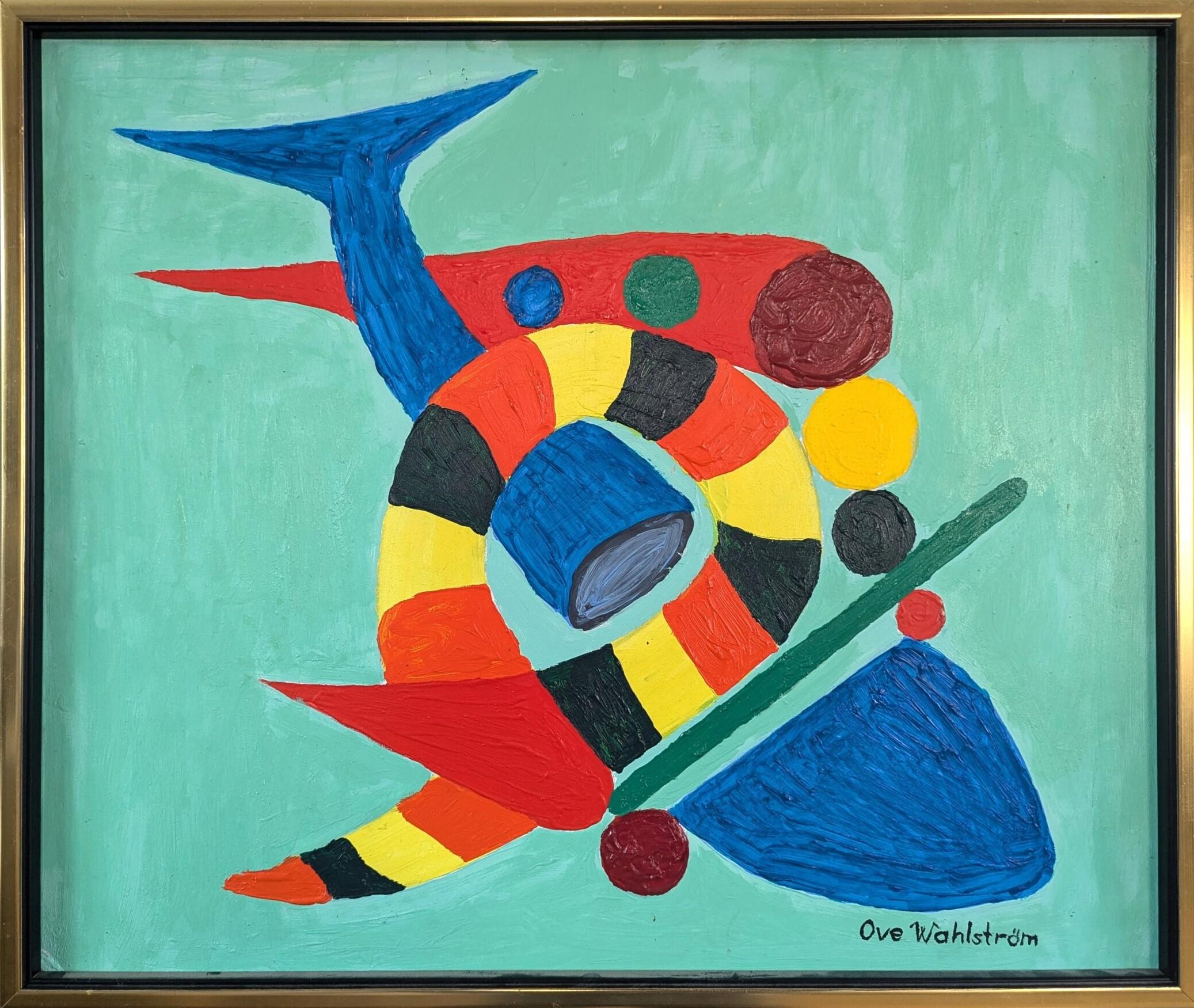 Abstract Painting di Unknown - Pittura a olio astratta originale d'epoca - Astrazione acquatica