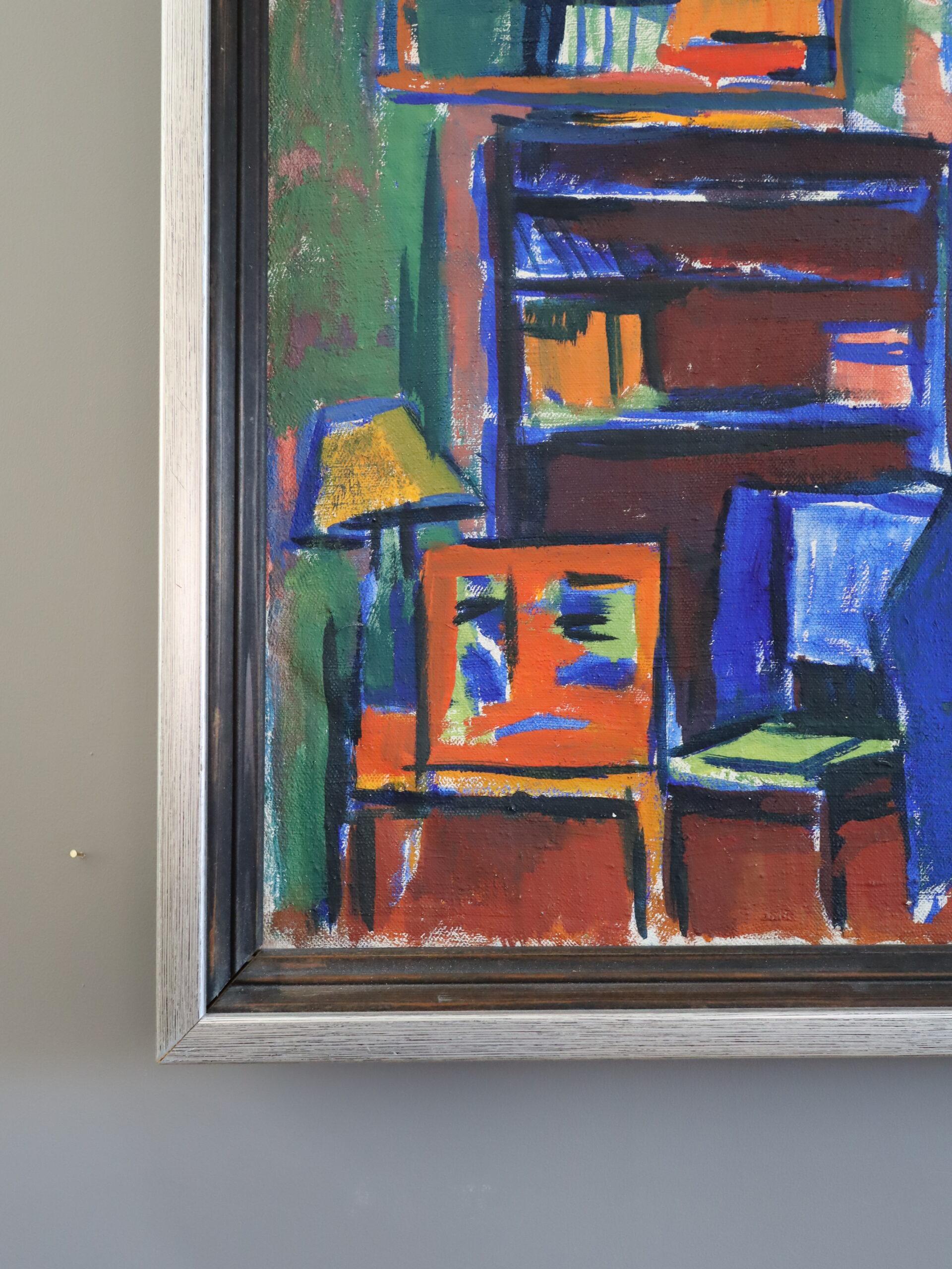 Pittura ad olio d'interni originale vintage di metà secolo - Interni vibranti in vendita 2
