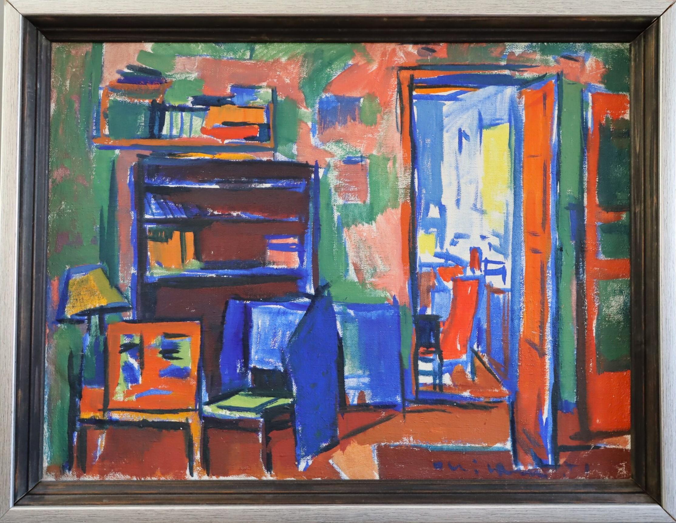 Interior Painting di Unknown - Pittura ad olio d'interni originale vintage di metà secolo - Interni vibranti