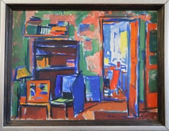 Mid-Century Modern Vintage Original Interior Oil Painting - Vibrant Interior