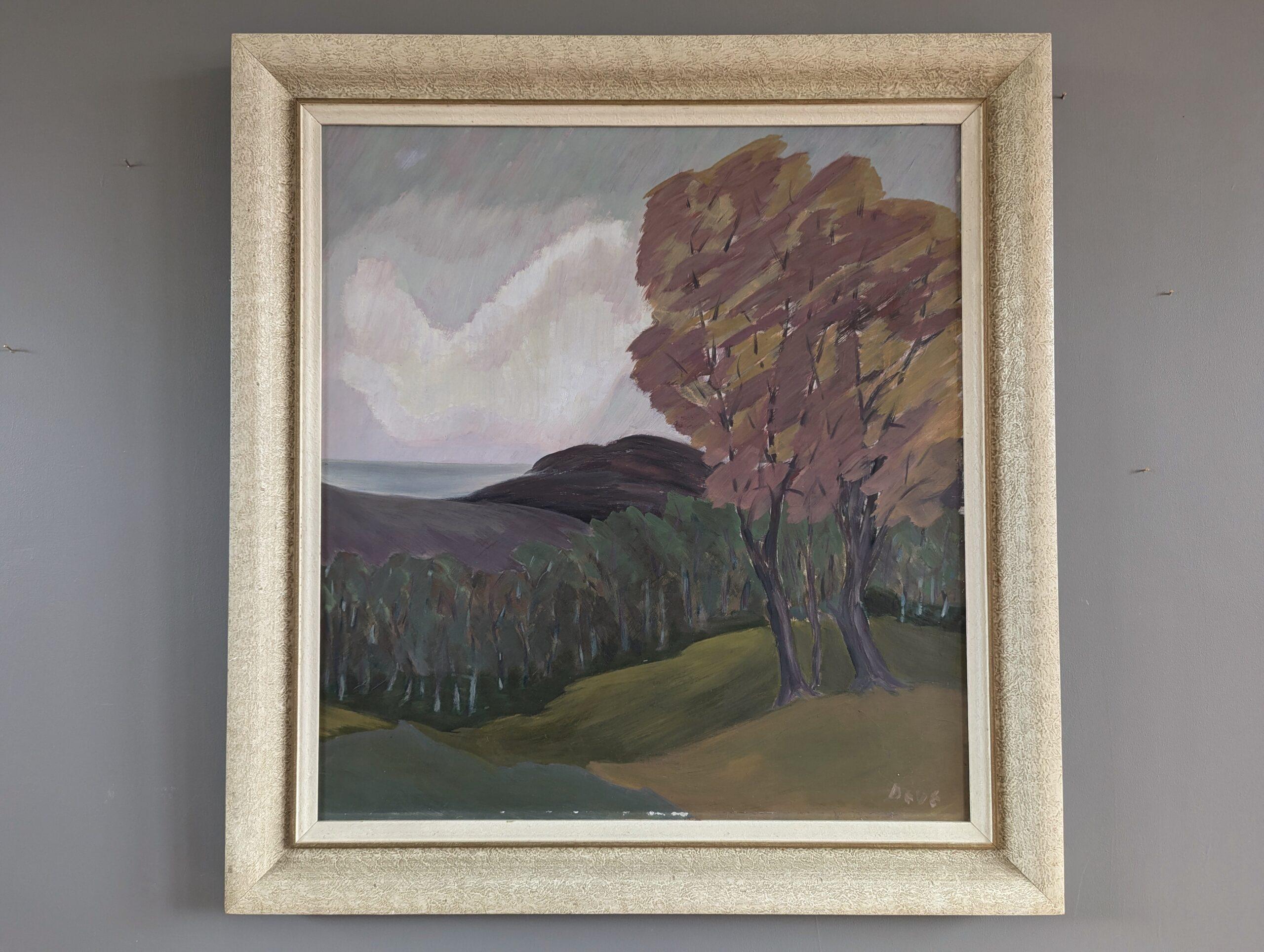 Mid-Century Modern Vintage Original Landscape Oil Painting - Autumn Reverie - Gray Landscape Painting by Unknown