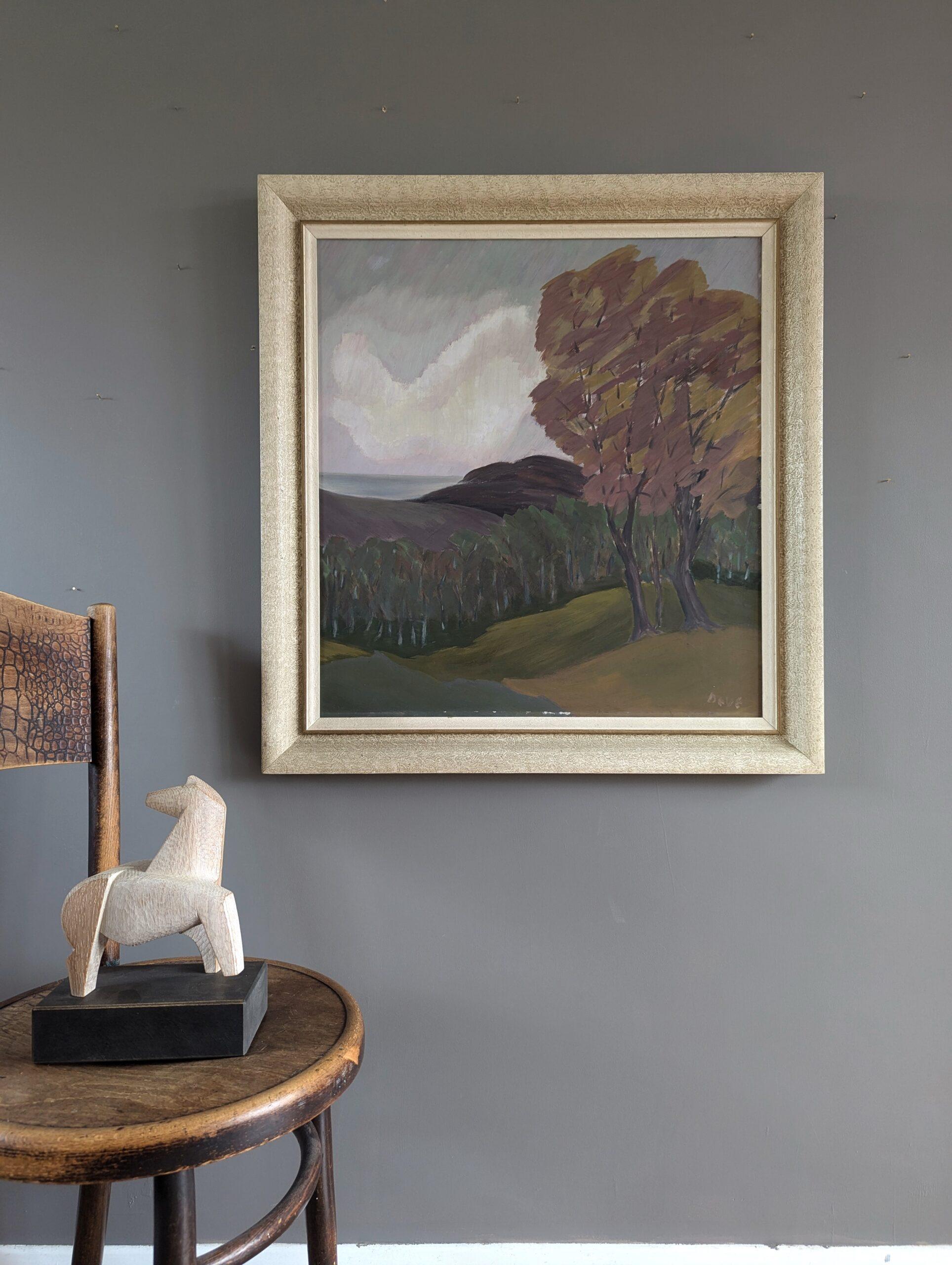 Autumn Reverie
Size: 73.5 x 69 cm (including frame)
Oil on board

A mid-century modernist landscape painting that captures a tranquil autumnal scene with soft, expressive brushstrokes., executed in oil onto board.

The composition features a gently