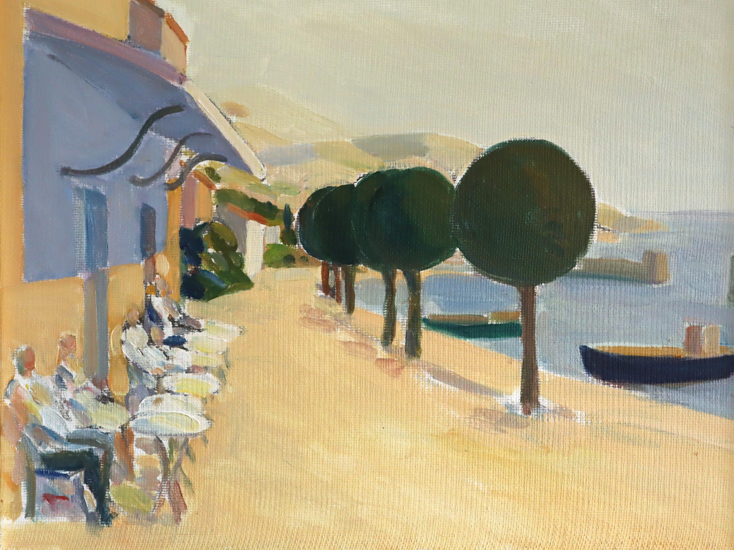 Mid Century Modern Vintage Original Landscape Oil Painting - Coastal Cafe 7