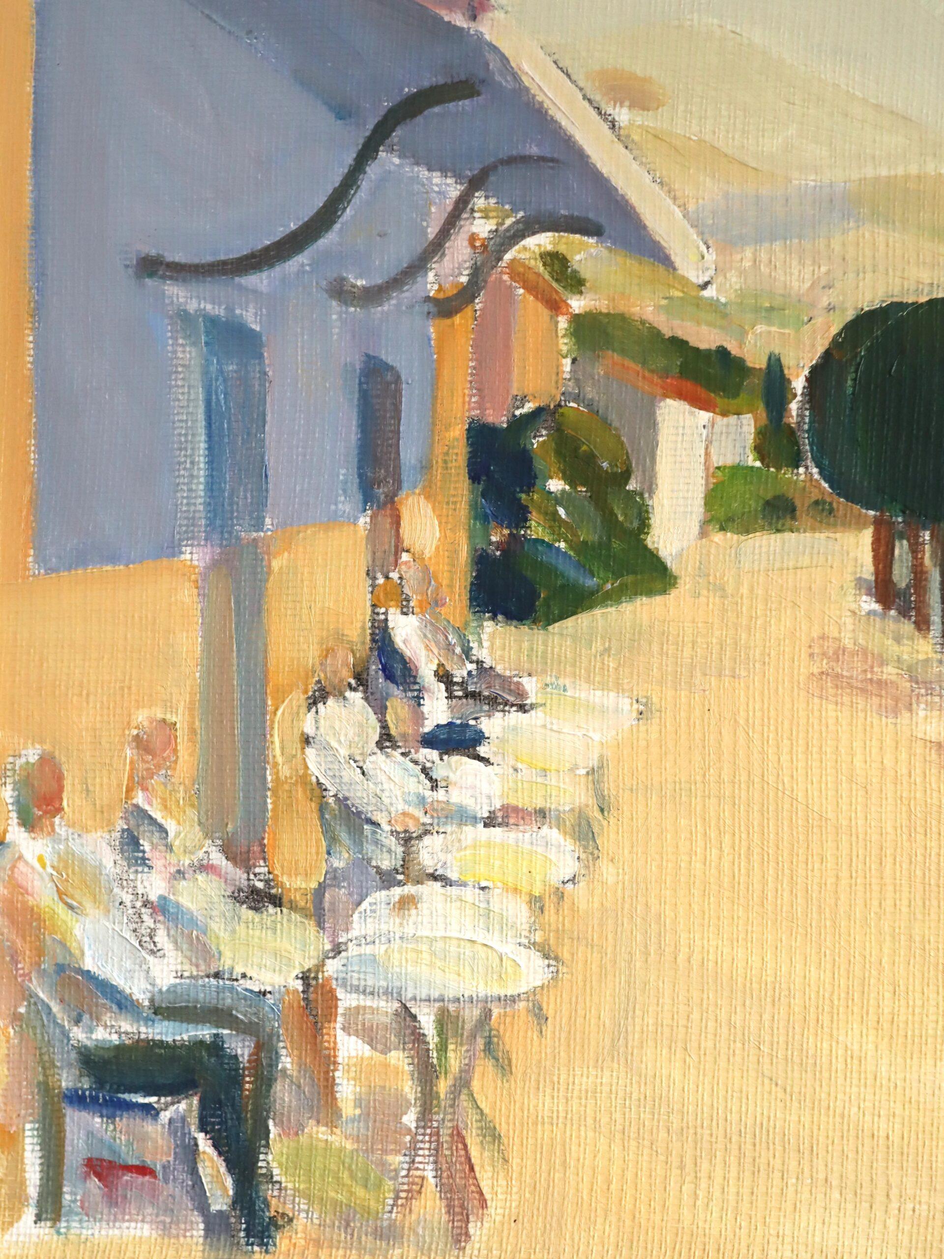 Mid Century Modern Vintage Original Landscape Oil Painting - Coastal Cafe 8