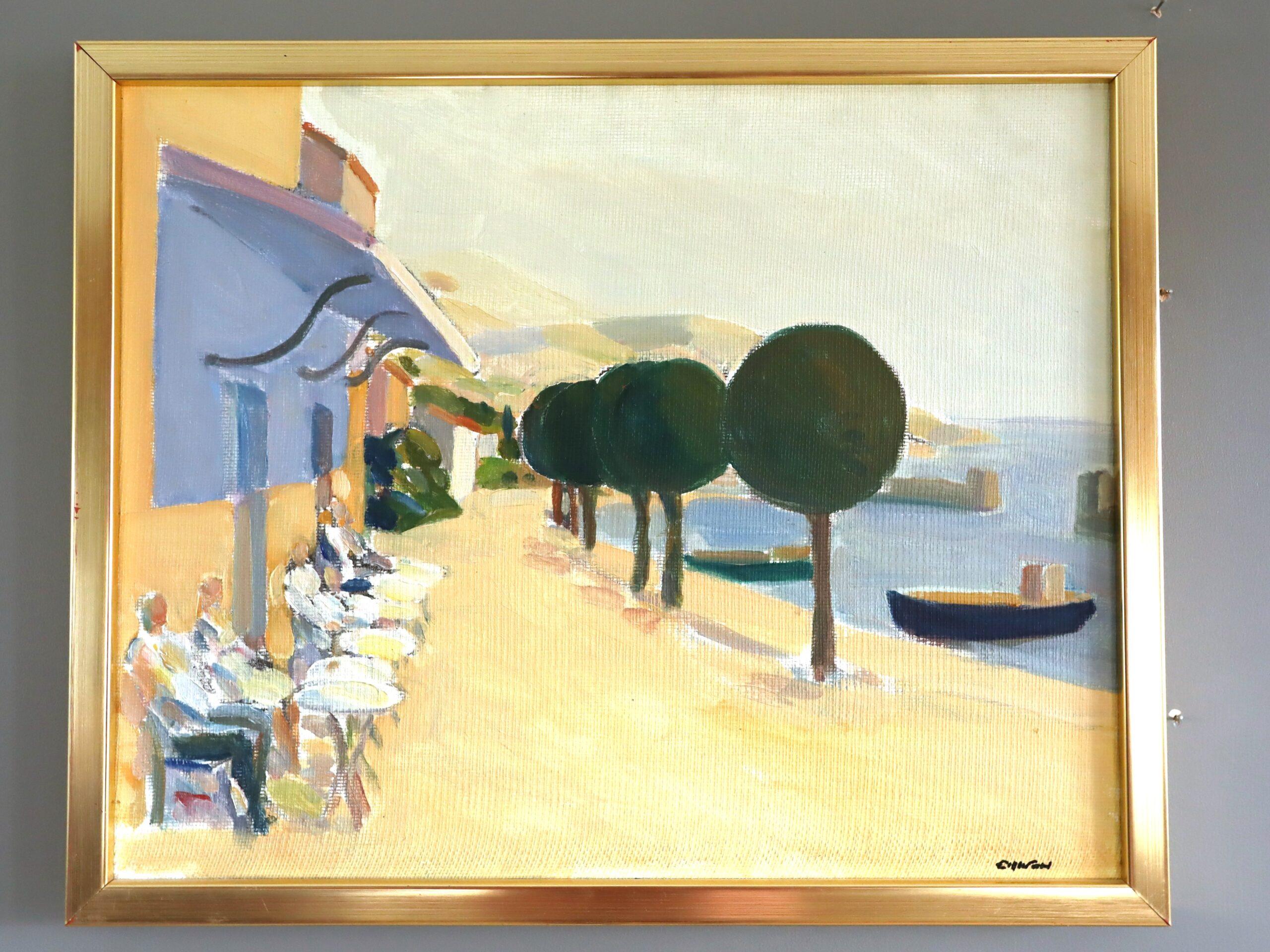 Mid Century Modern Vintage Original Landscape Oil Painting - Coastal Cafe - Beige Landscape Painting by Unknown