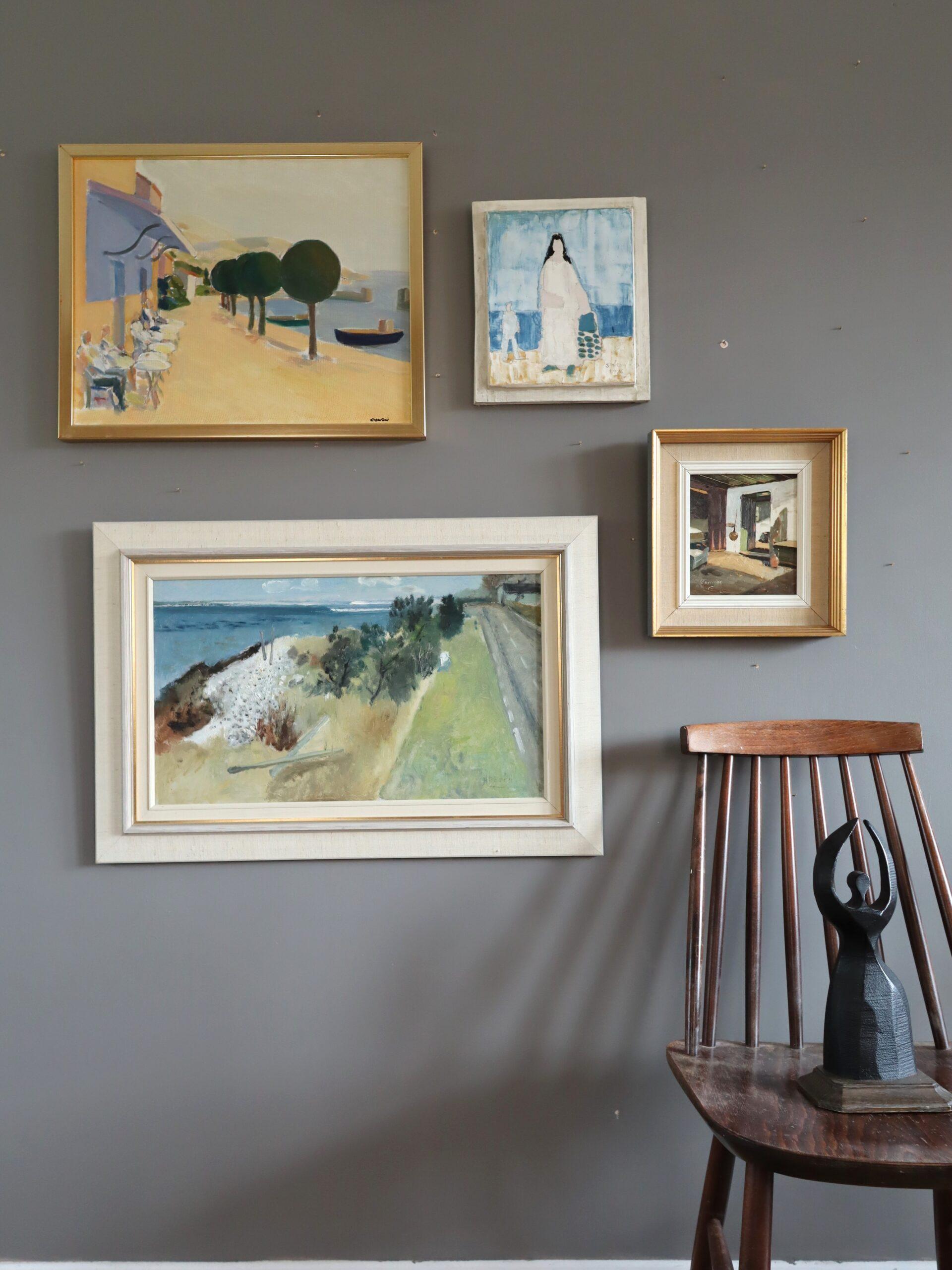 COASTAL CAFE
Size: 41.5 x 51 cm (including frame)
Oil on board

A very atmospheric mid century modernist composition in oil, painted onto board.

This painting depicts a sunlit café terrace beside the harbour in Paphos, Cyprus, rendered in a loose,
