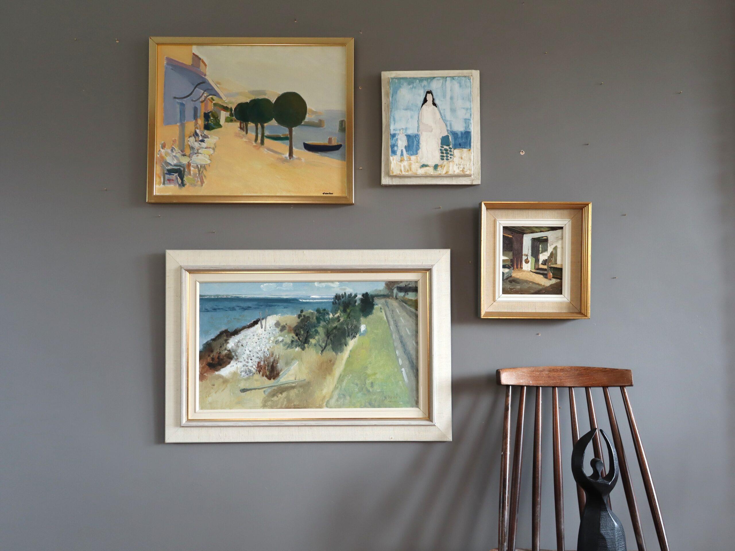 Mid Century Modern Vintage Original Landscape Oil Painting - Coastal Cafe 1