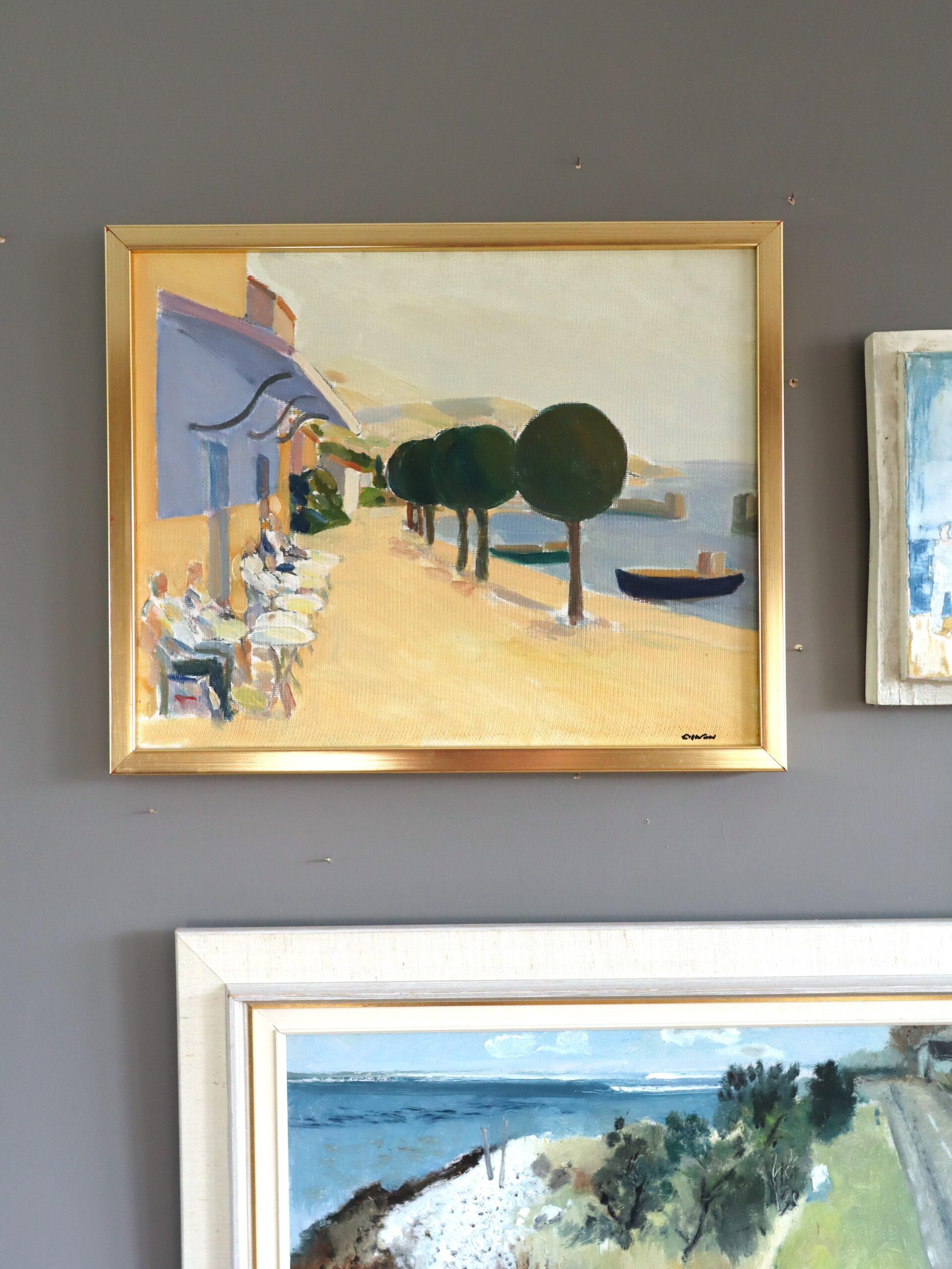 Mid Century Modern Vintage Original Landscape Oil Painting - Coastal Cafe 2