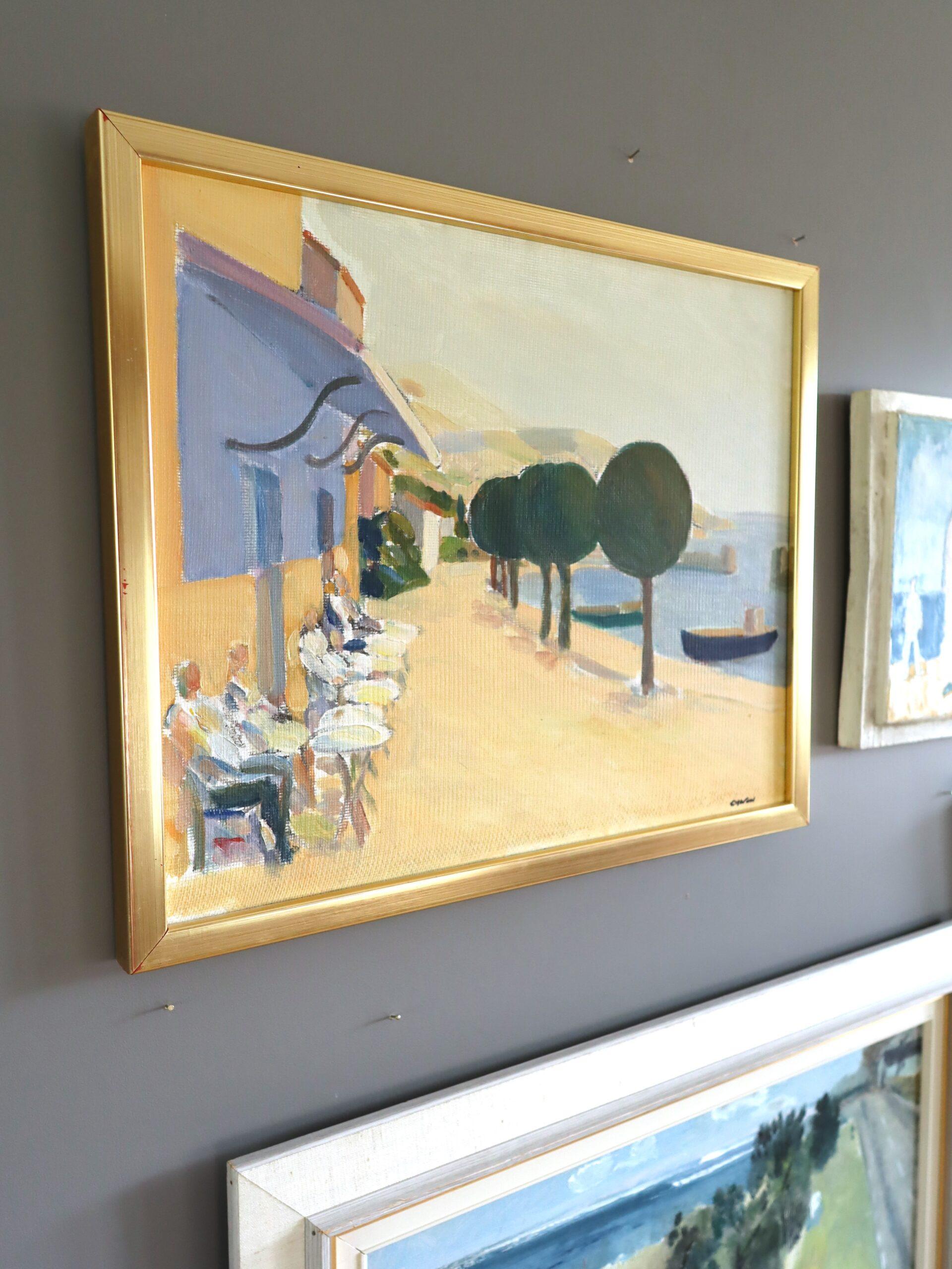 Mid Century Modern Vintage Original Landscape Oil Painting - Coastal Cafe 3