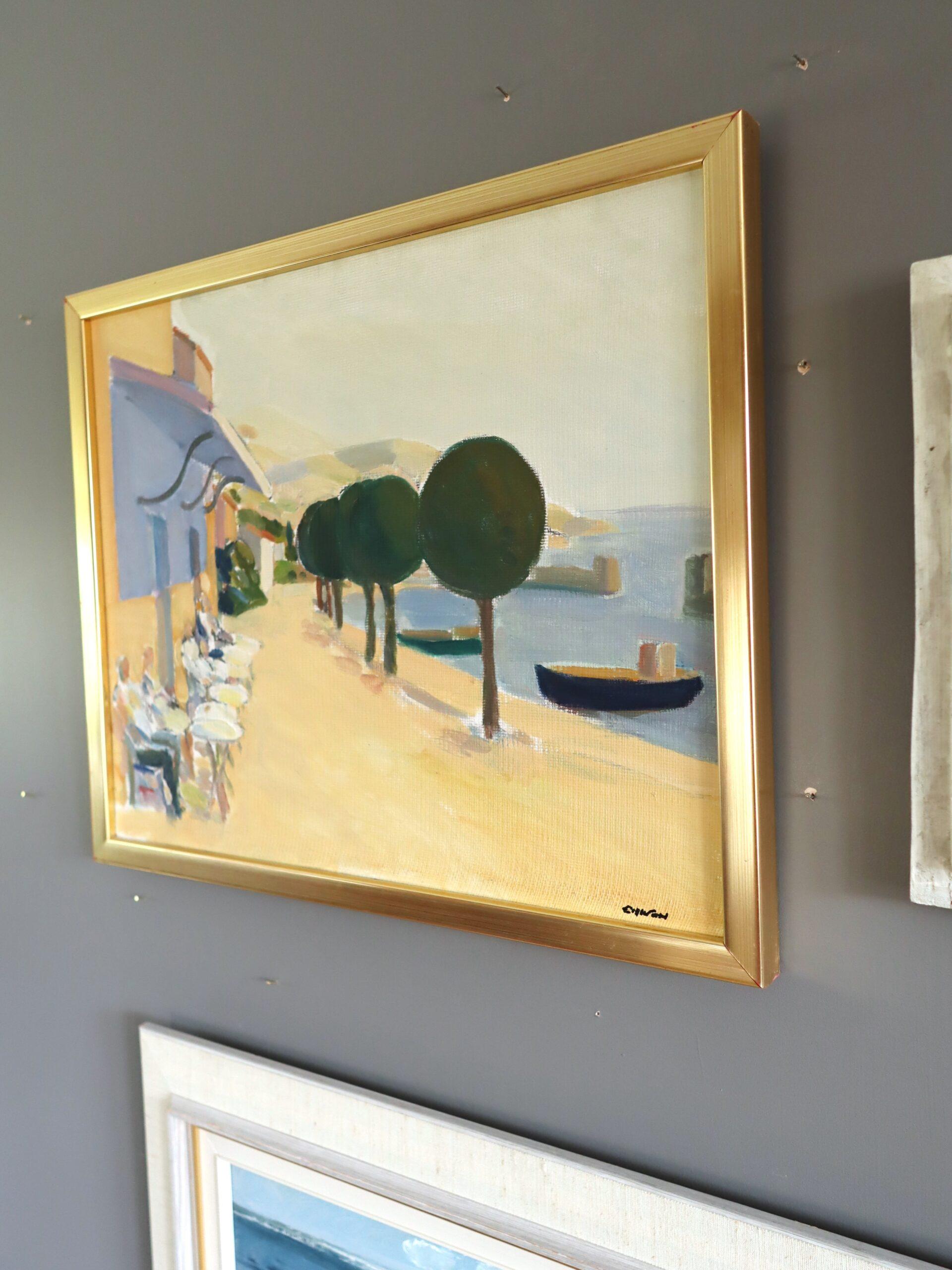 Mid Century Modern Vintage Original Landscape Oil Painting - Coastal Cafe 4
